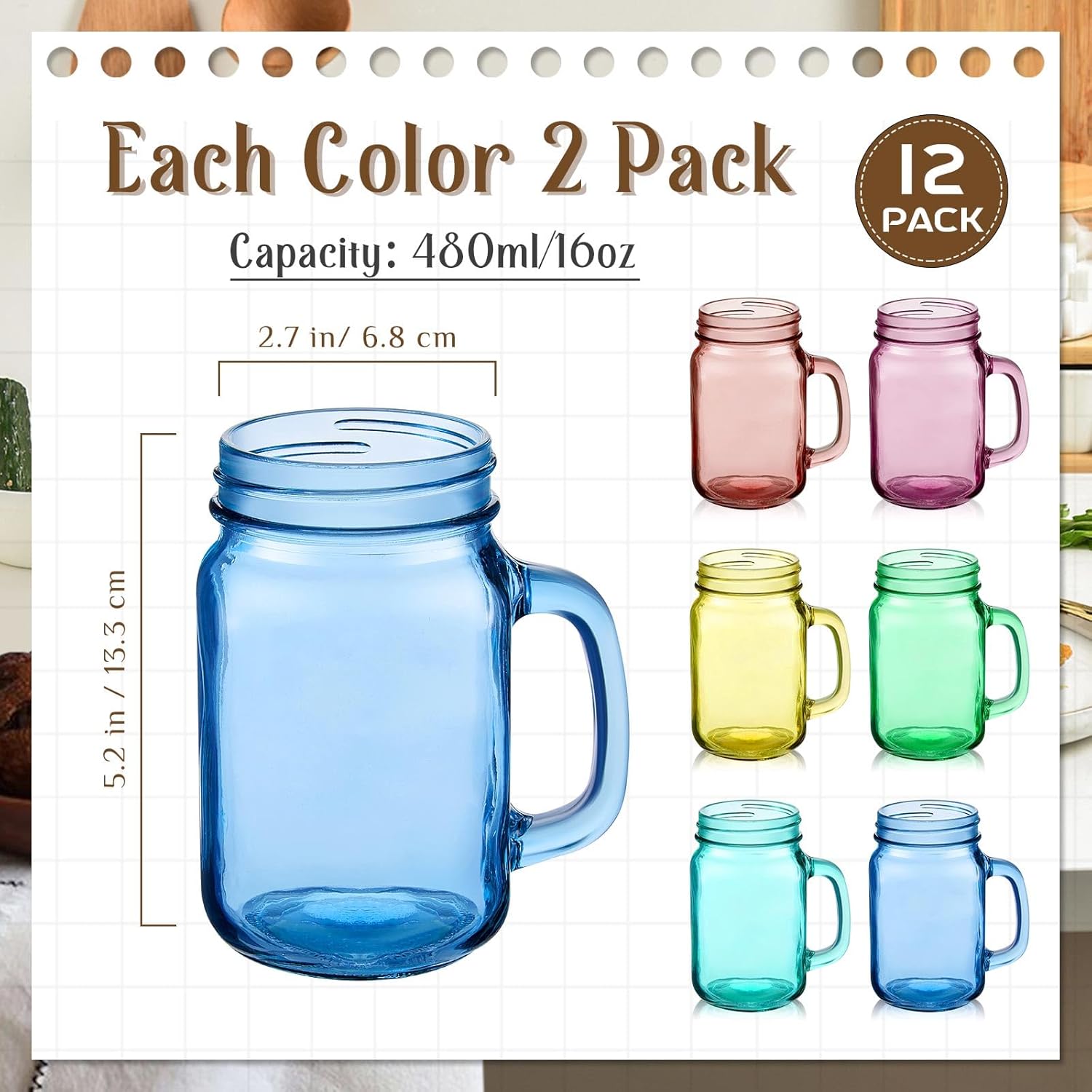 12 tarros Mason de colores de 16 onzas con asa, vasos para beber bebidas frías, decoración de almacenamiento, recuerdos de fiesta, cócteles, 6