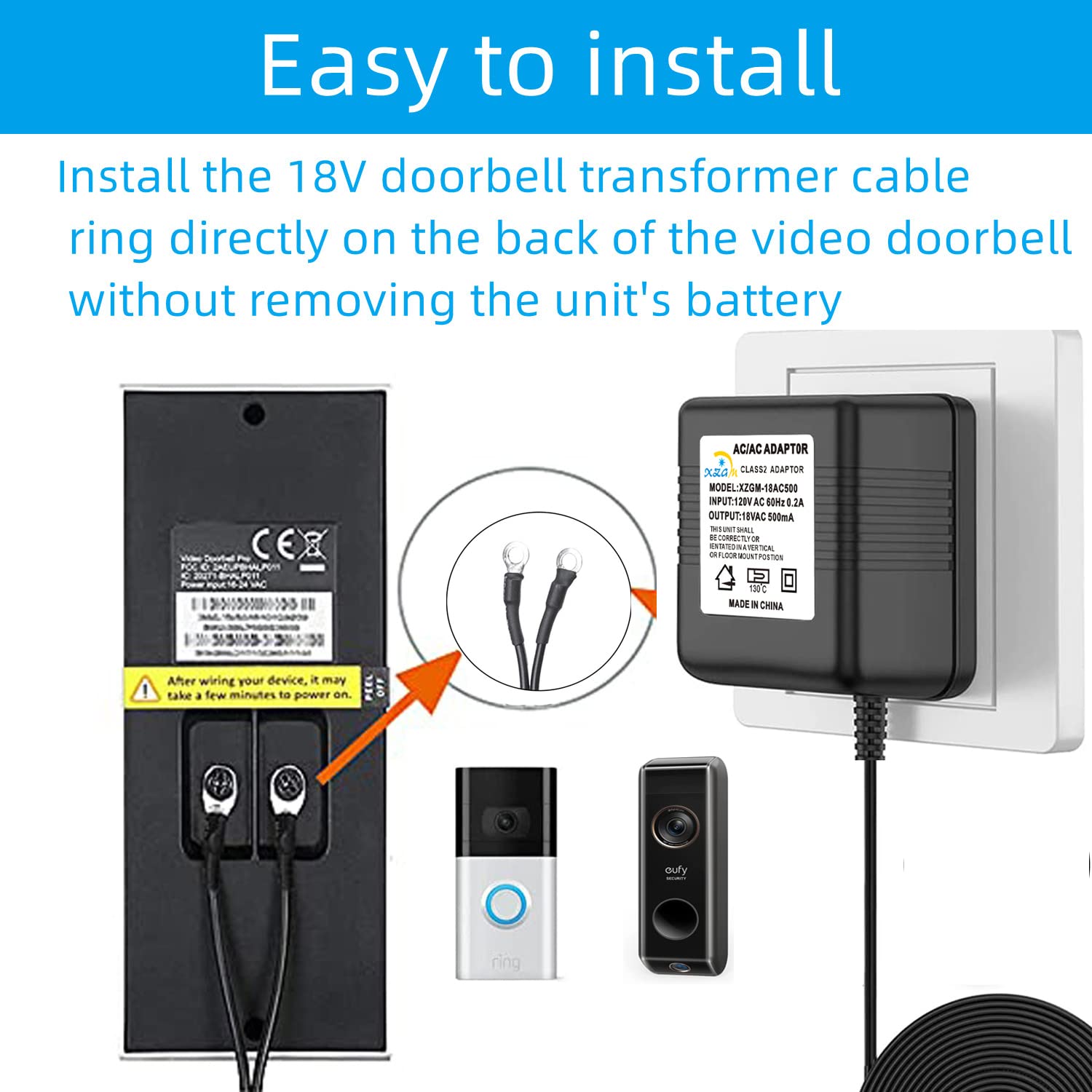 Timbre de video negro, transformador de potencia especial, adaptador de corriente para timbre de puerta de 18V500MA, compatible con Ring, Nest,