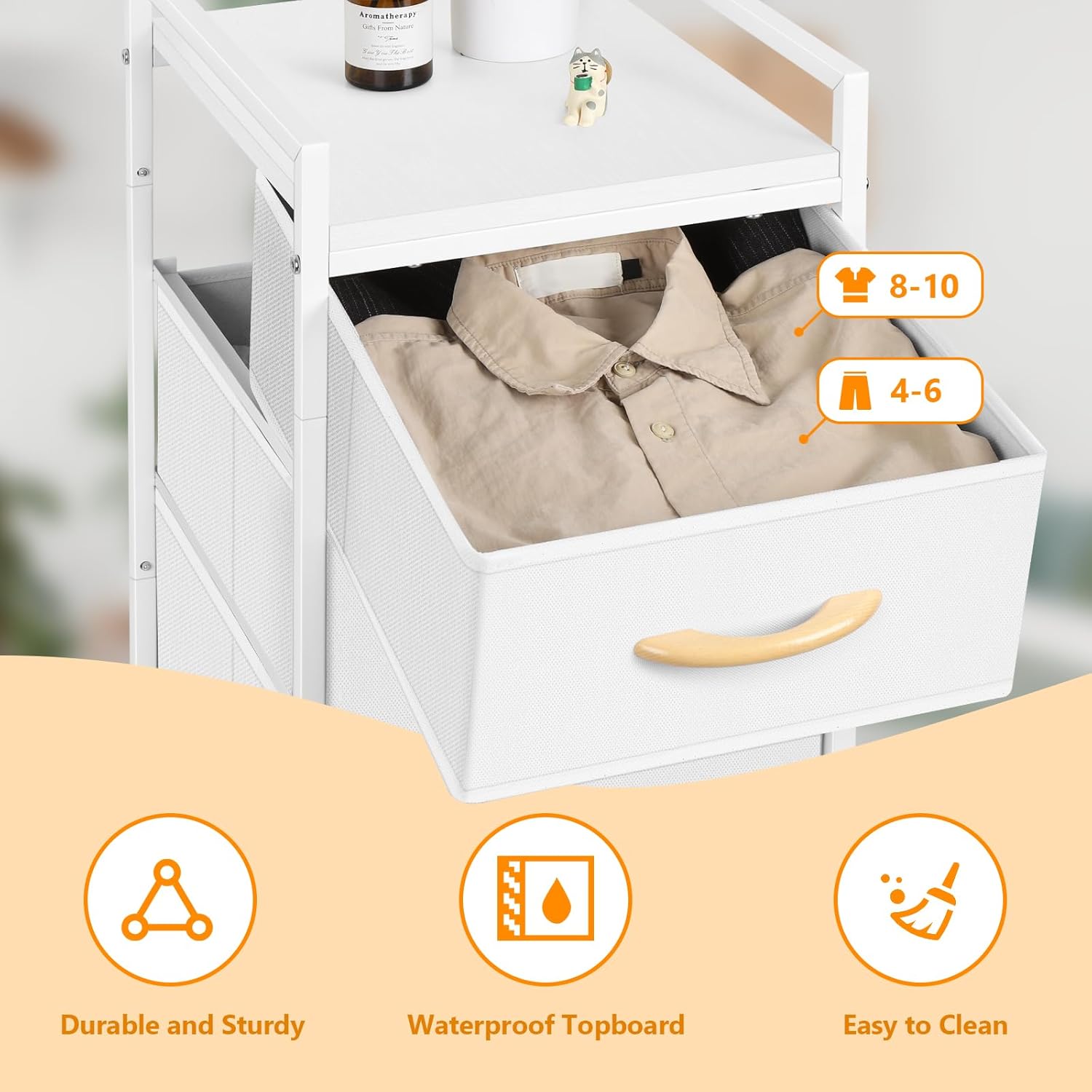Cómoda de tela para dormitorio, 4 cajones con tablero de madera, organizador de almacenamiento vertical con ruedas, cajoneras para armario, sala de