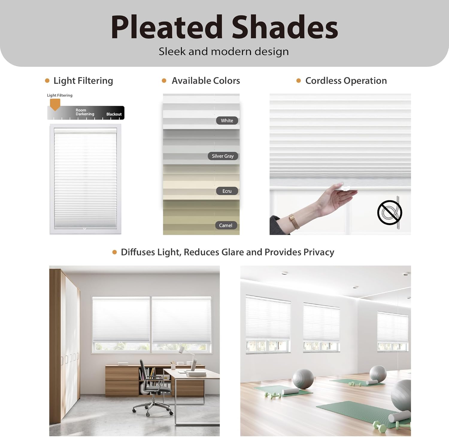 DEZ Furnishings Persiana plisada para filtrar la luz sin cordón, QDWT274480