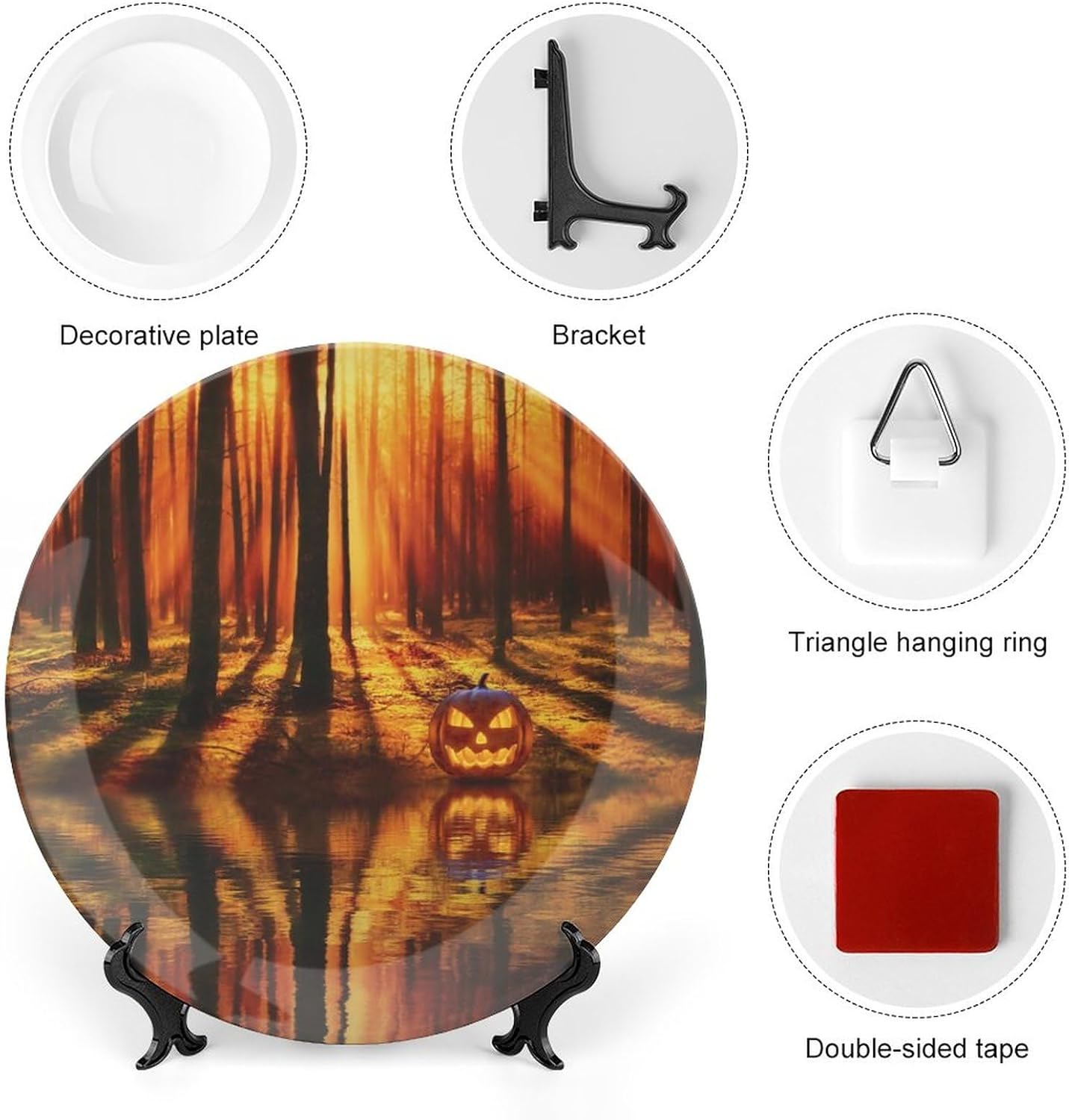 Plato decorativo para colgar de Halloween, lago, bosque, árboles, calabaza, decoración del hogar, decoración del hogar, recuerdo, arte de pared,