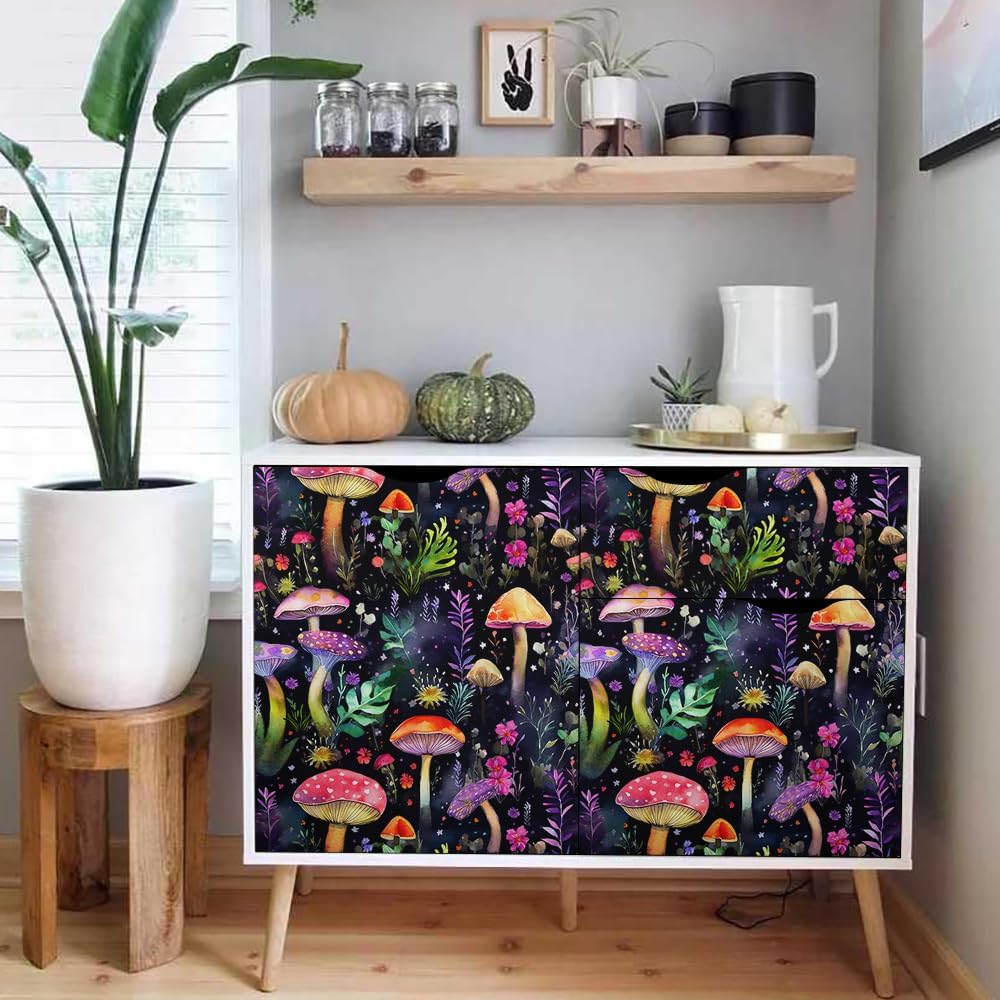 VistaPalette Papel tapiz autoadhesivo autoadhesivo de 18 x 236 pulgadas, diseño de bosque de hongos coloridos y mágicos oscuros, papel de contacto