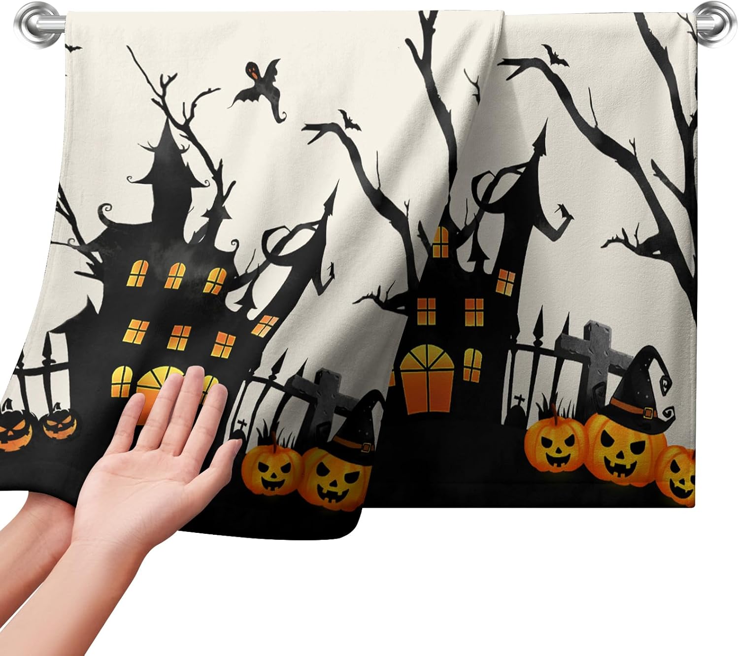 Juego de 2 toallas de mano de castillo espeluznante de Halloween, calabazas abucheadas, fantasma, paños de cocina de murciélago, telaraña, tela de
