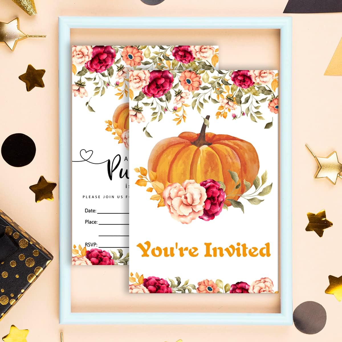 Paquete de 20 invitaciones de fiesta de calabaza pequeña con sobres, un tema de calabaza está en camino, tarjeta de invitaciones para suministros de