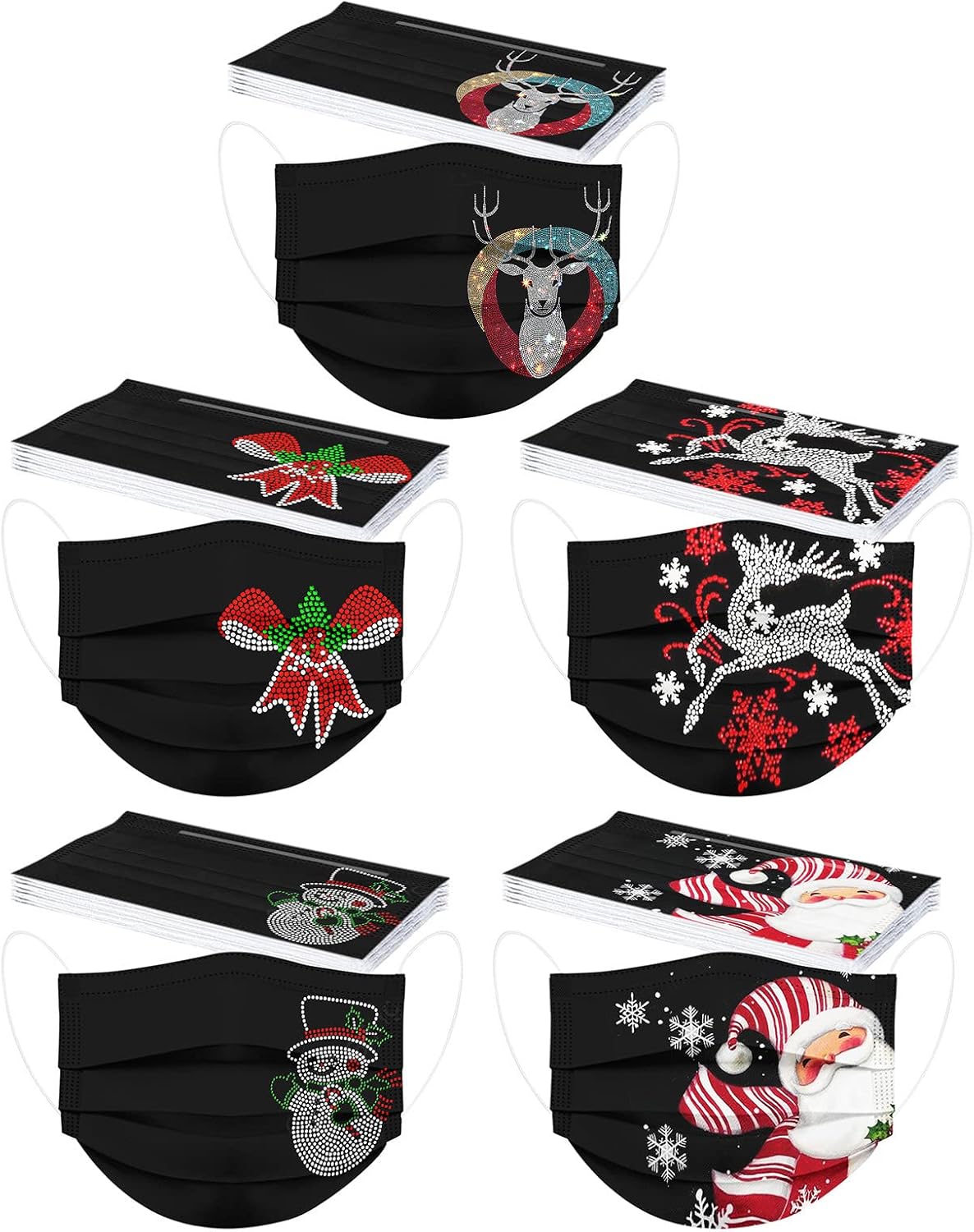 50 cubrebocas desechables de invierno para adultos, 3 capas con alambre para la nariz, diseño de copos de nieve, Papá Noel, renos