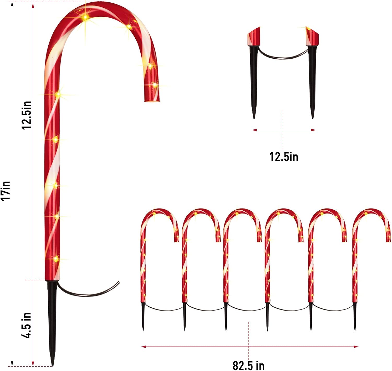12 luces solares de bastón de caramelo de Navidad de 17 pulgadas, marcadores de camino de bastón de caramelo, impermeables, luces de paisaje al aire