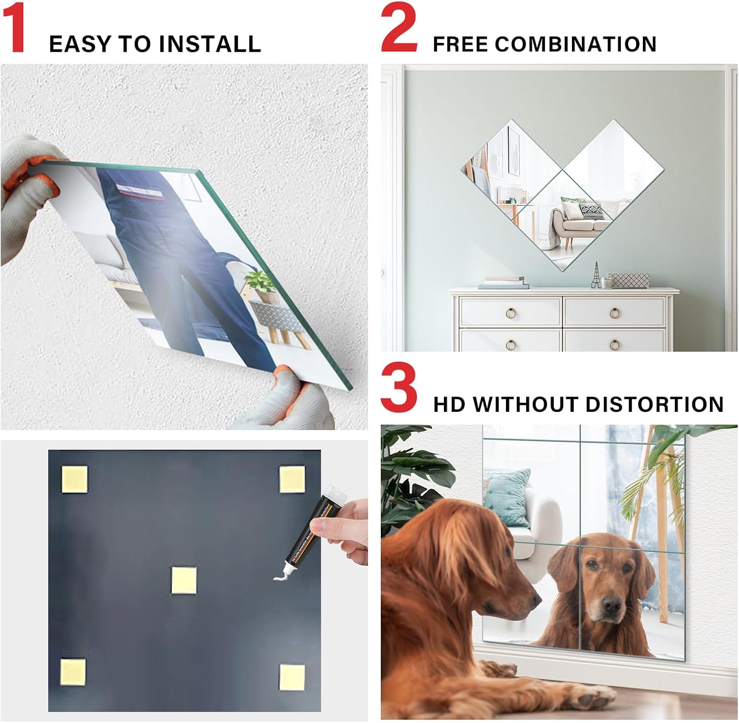 Espejo de pared de vidrio de longitud completa de 14 x 12 pulgadas, 4 piezas, espejo de pared sin marco, azulejos de espejo adhesivos para