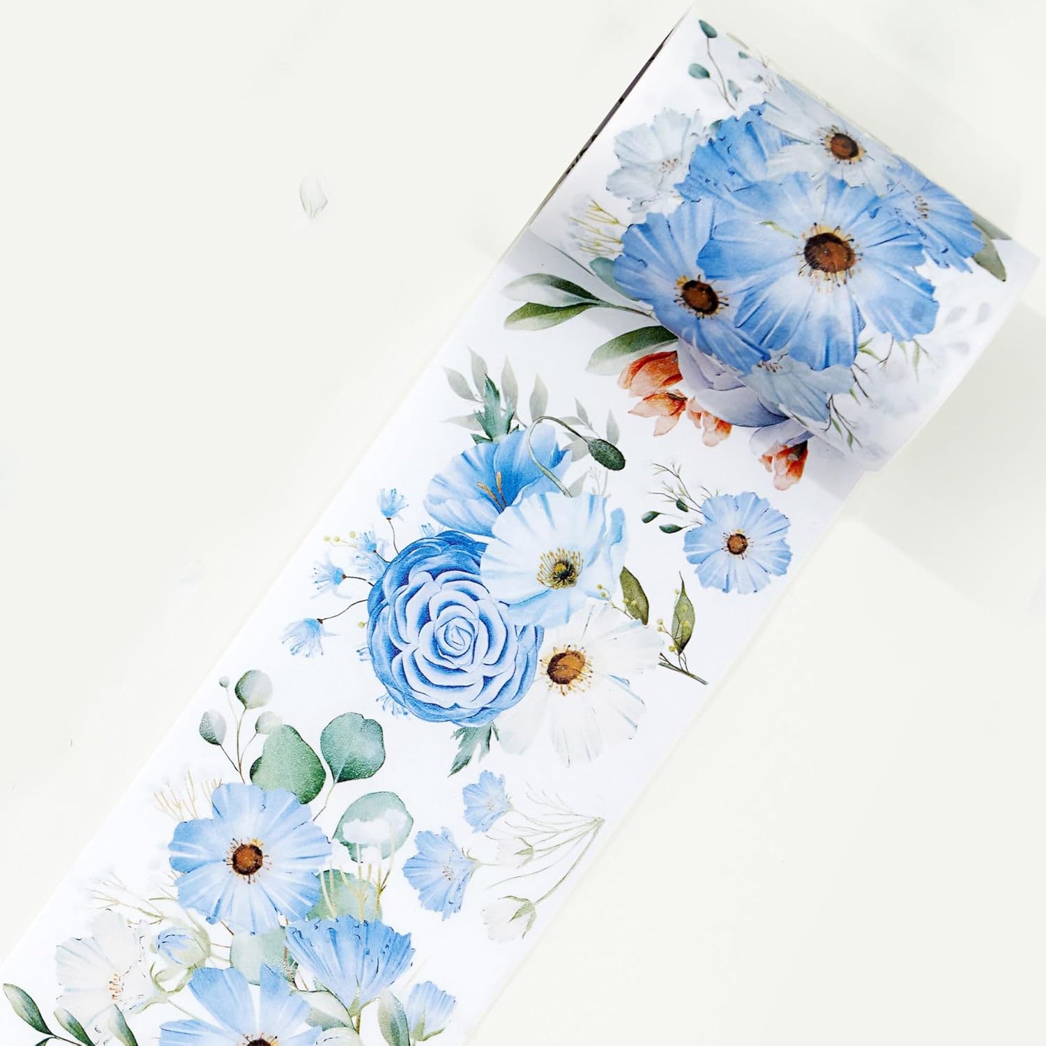 WT Serene Wide Washi Tape, rollo individual, diseños originales, cinta decorativa de flores azules, cuaderno de recortes de diario, suministros de