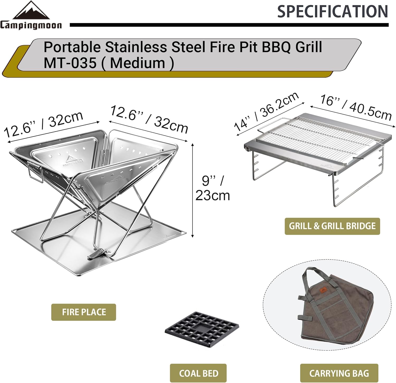CAMPINGMOON – Parrilla de leña portátil 3 en 1 de acero inoxidable y hoguera de 14 x 15.35 pulgadas con bolsa de transporte MT-035