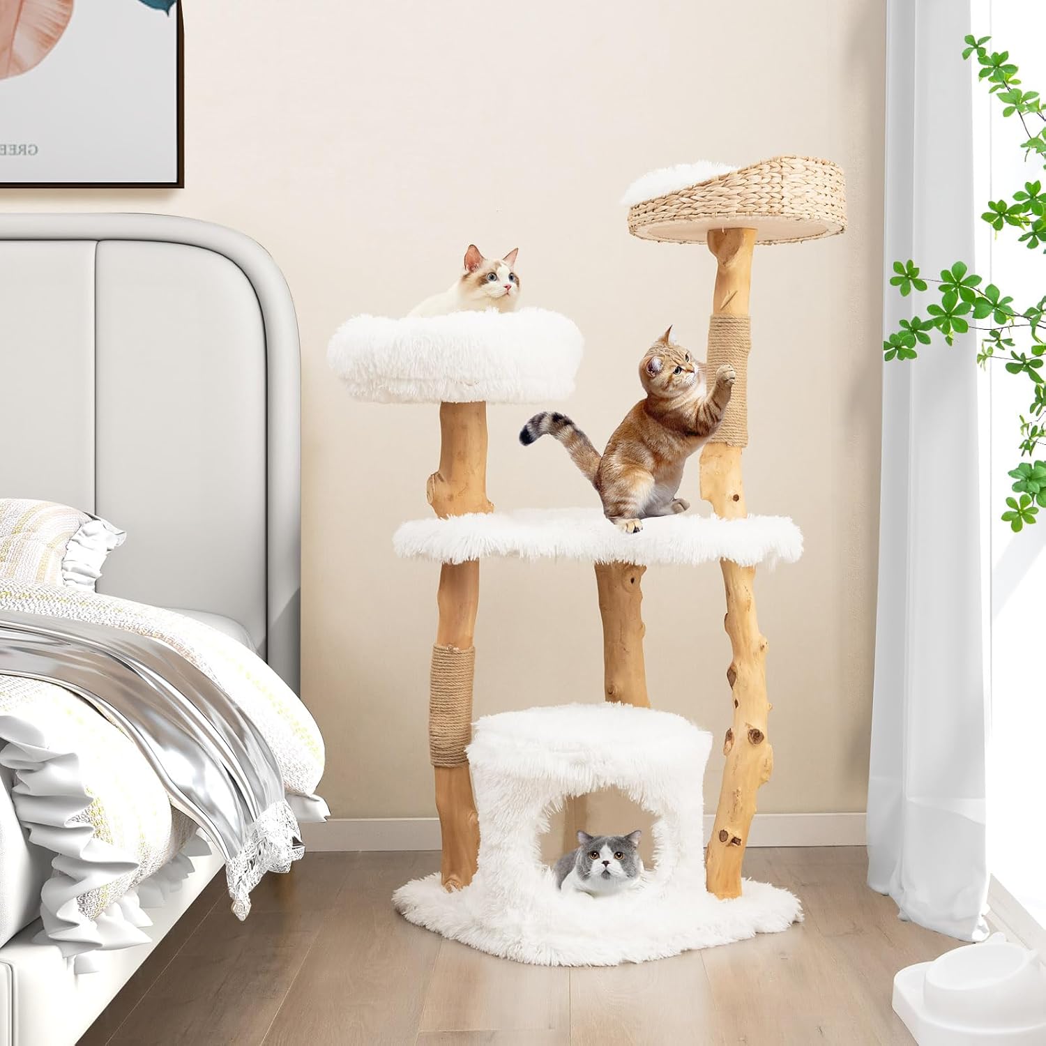 Tangkula Árbol para gatos de interior, torre moderna de madera maciza para gatos con cesta de cola superior, cama para gatos, perca lateral,