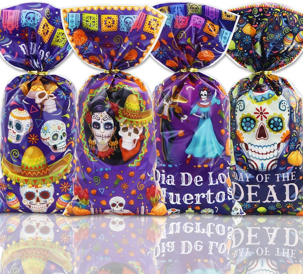 Day of the Dead – Bolsas de golosinas para dulces, 100 unidades Dia de Los Muertos, bolsas de golosinas mexicanas de 4 estilos de caléndula de