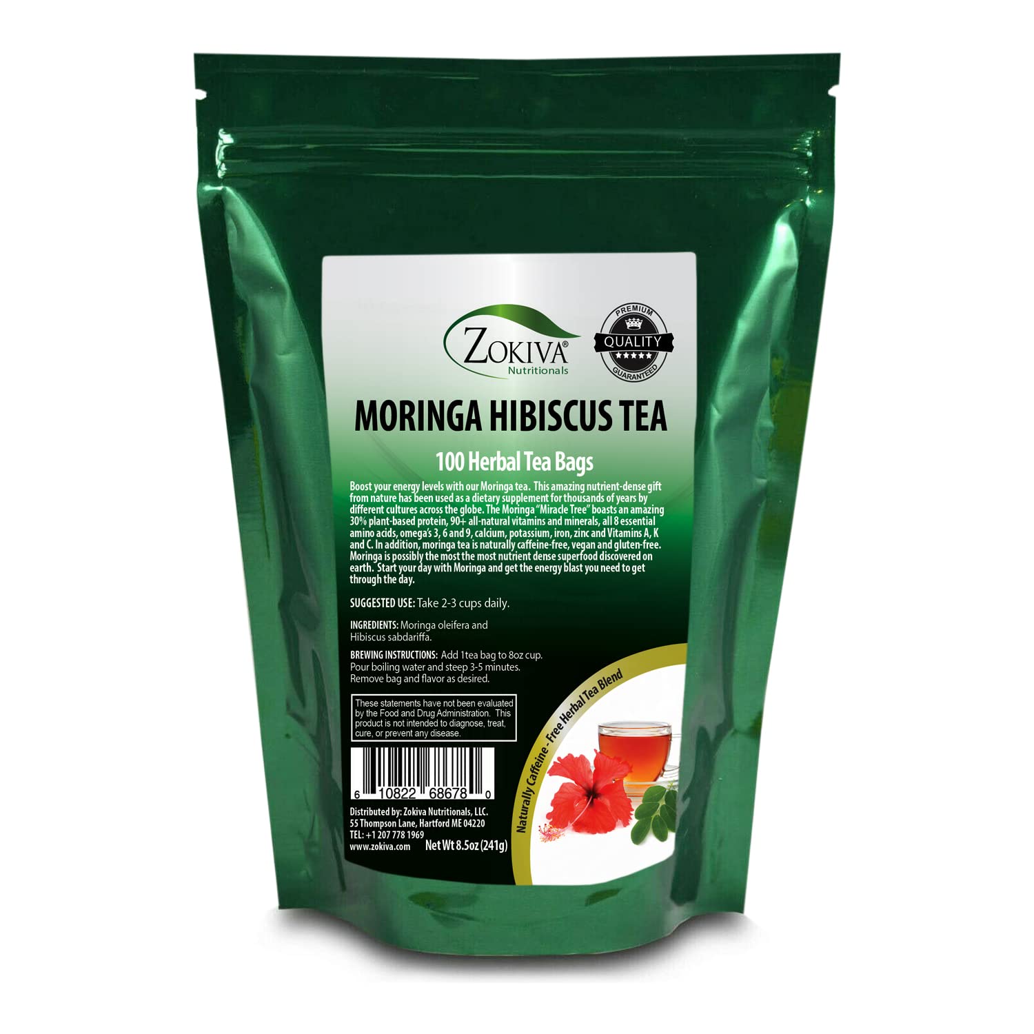 Zokiva Nutritionals – Té Moringa Hibiscus 100 Bolsas con Moringa Orgánica Premium  Nutritivo, Sabroso y Naturalmente Libre de Cafeína  En Bolsa con