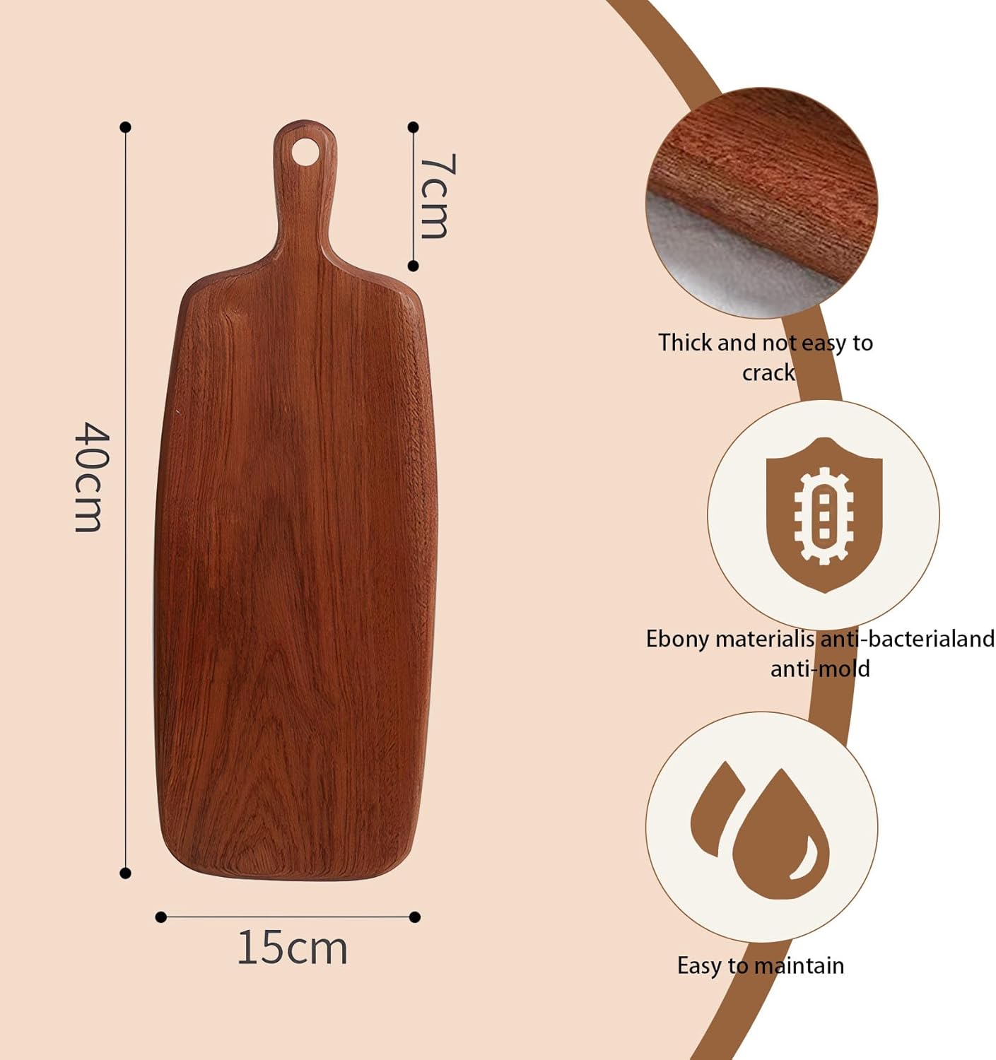 Nunnik Tabla de cortar de ébano para cocina, 15.7 x 5.9 pulgadas, ideal para carne, queso, verduras, pan, charcutería, tabla de cortar de madera con