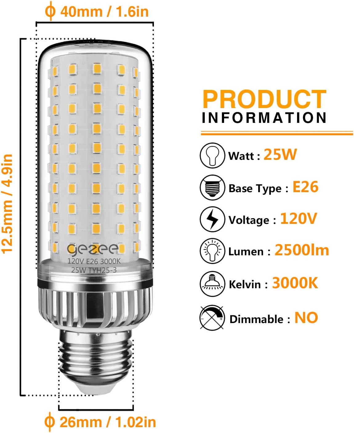 Bombilla LED de 25 W, lámpara LED con base E26, equivalente a 200 vatios, 2500 lúmenes, blanco cálido 3000 K, no regulable (paquete de 3)