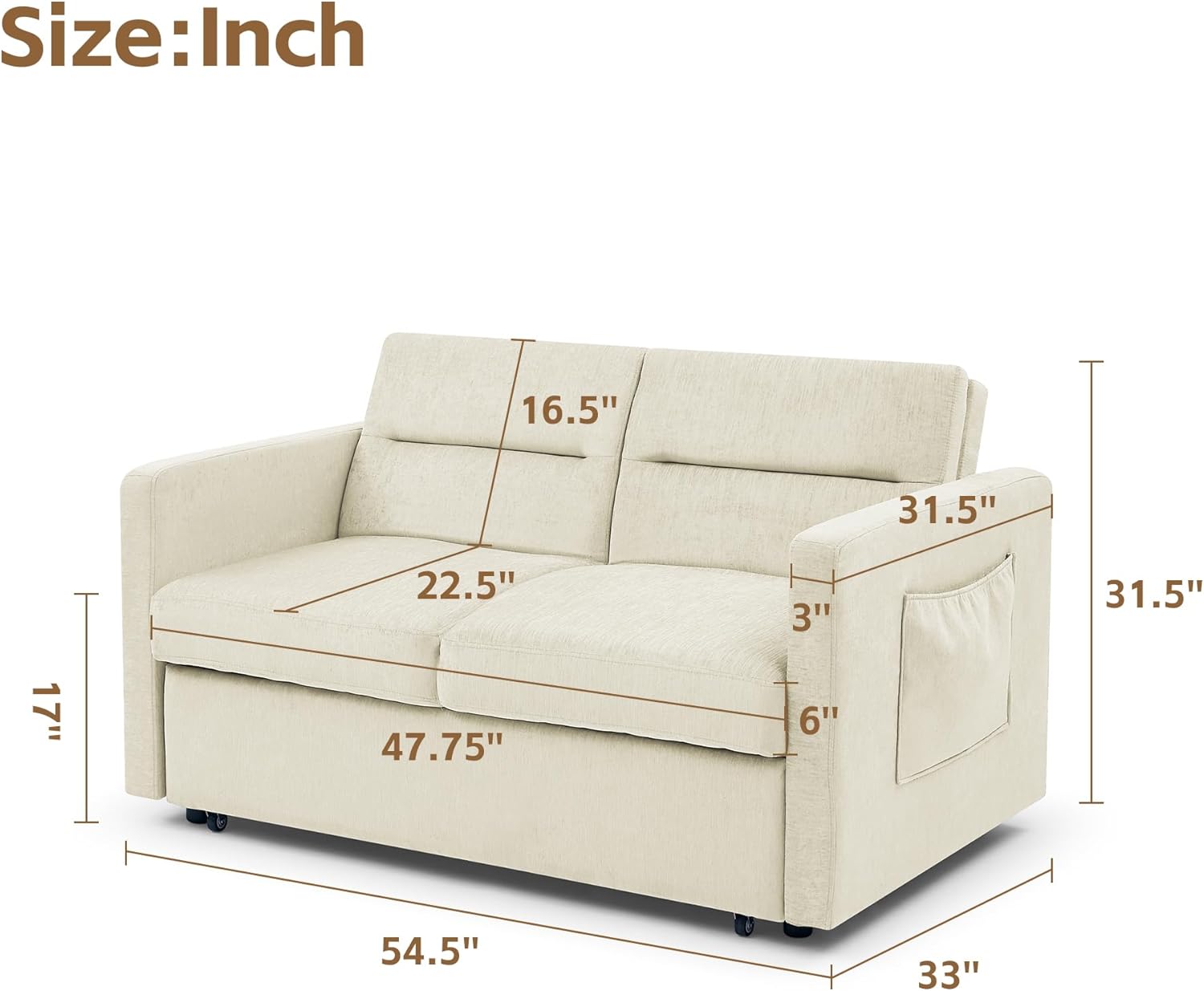 Yoglad Sofá cama convertible 3 en 1, futón biplaza con cama extraíble, respaldo ajustable y 2 almacenamientos, para espacios pequeños, sala de