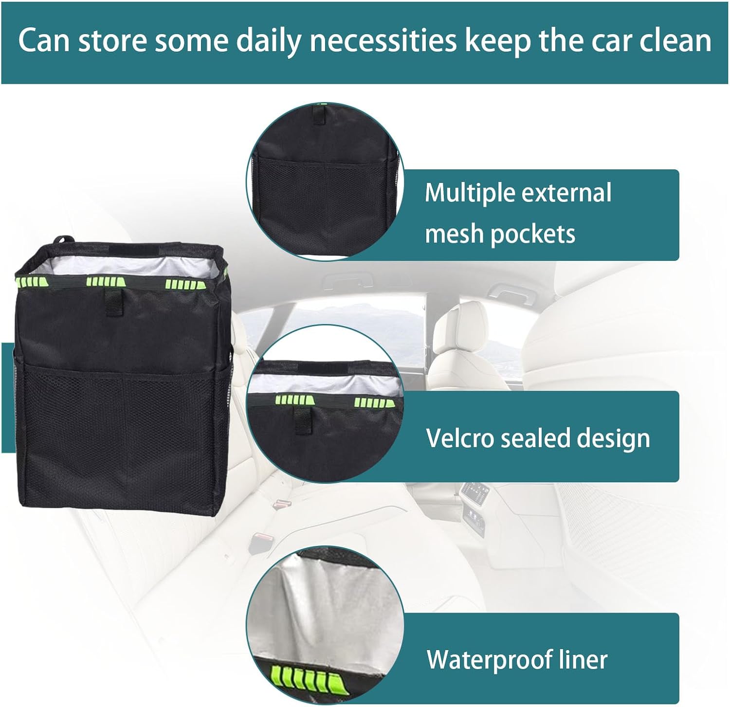 Cubo de basura colgante para automóvil con bolsas de almacenamiento, impermeable, a prueba de fugas, plegable, con correas ajustables, organizador