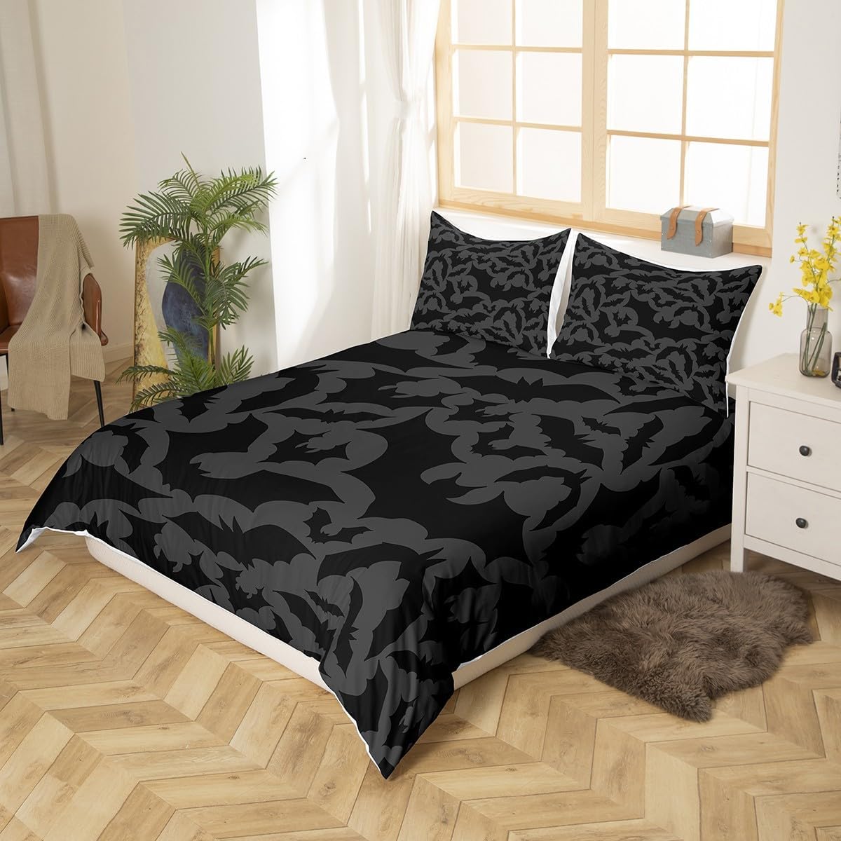 Castle Fairy Juego de ropa de cama con temática de Halloween, tamaño Queen, juego de funda de edredón con estampado de animales de murciélagos