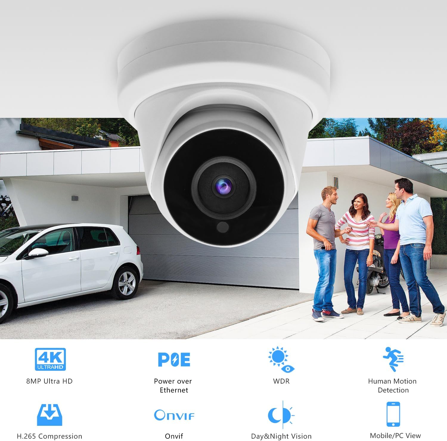 Tennoz Cámara de torreta IP PoE de 8MP 4K para exteriores, cámara domo de seguridad IP H.265 PoE con visión nocturna de 80 pies, lente de 0.110 in,