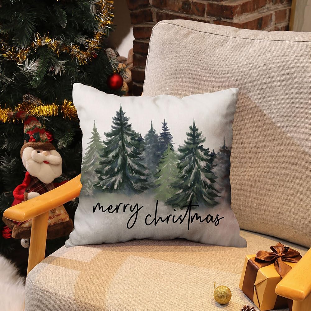 DFXSZ Juego de 2 fundas de almohada de Navidad de 16 x 16 pulgadas con acuarela, color azul, verde, árbol de Navidad, decorativas, blancas,