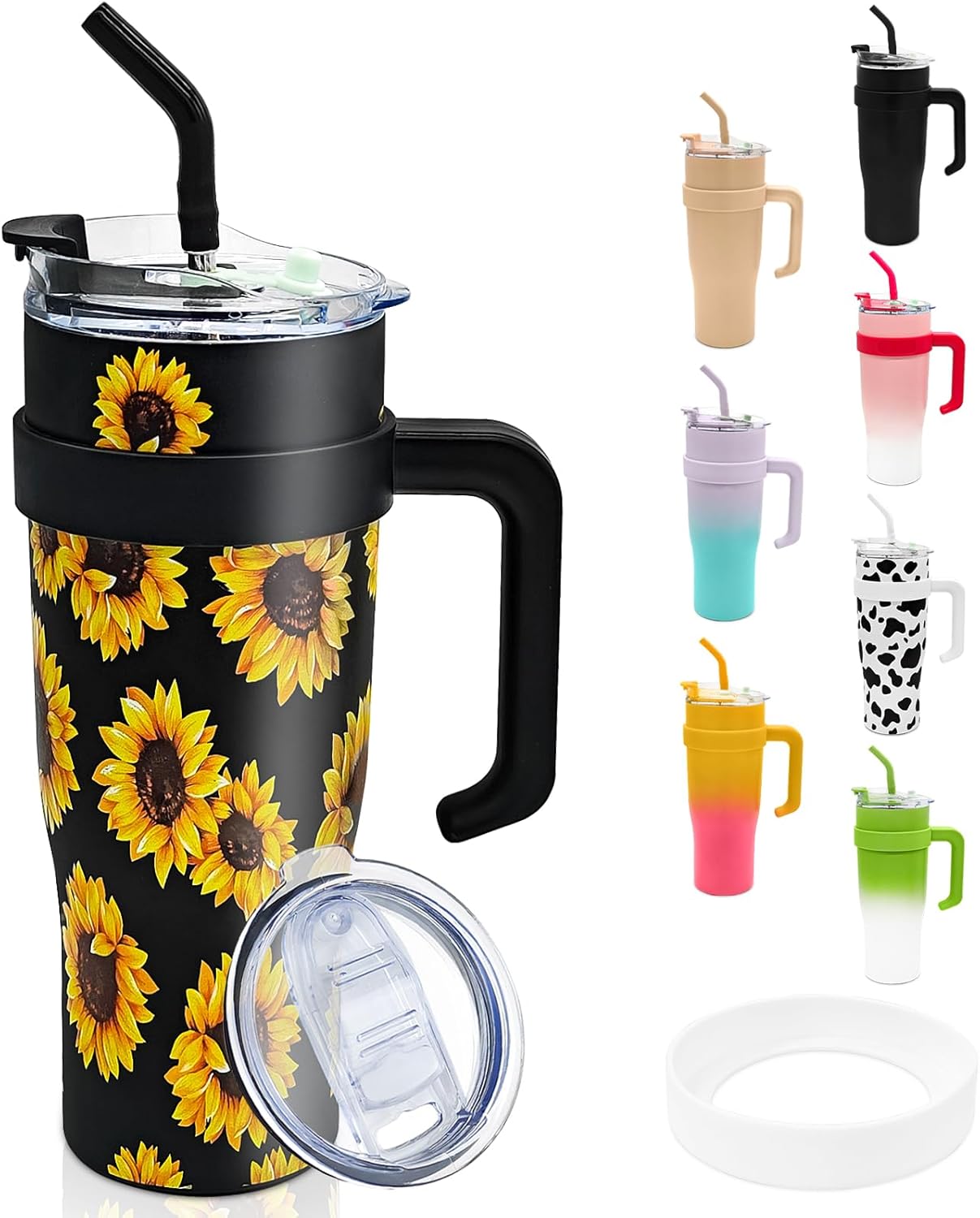 Vaso de 40 onzas con asa, taza aislada al vacío de doble pared de acero inoxidable, taza de viaje con dos tapas y pajita, taza de café helado con