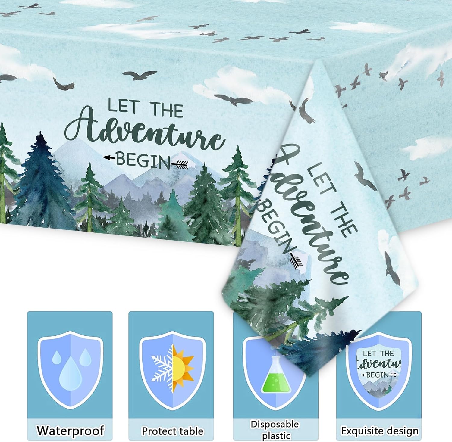 Mantel de 3 piezas con texto en inglés “Adventure Awaits Let The Adventure Begin”, mantel rectangular desechable de plástico para baby shower,
