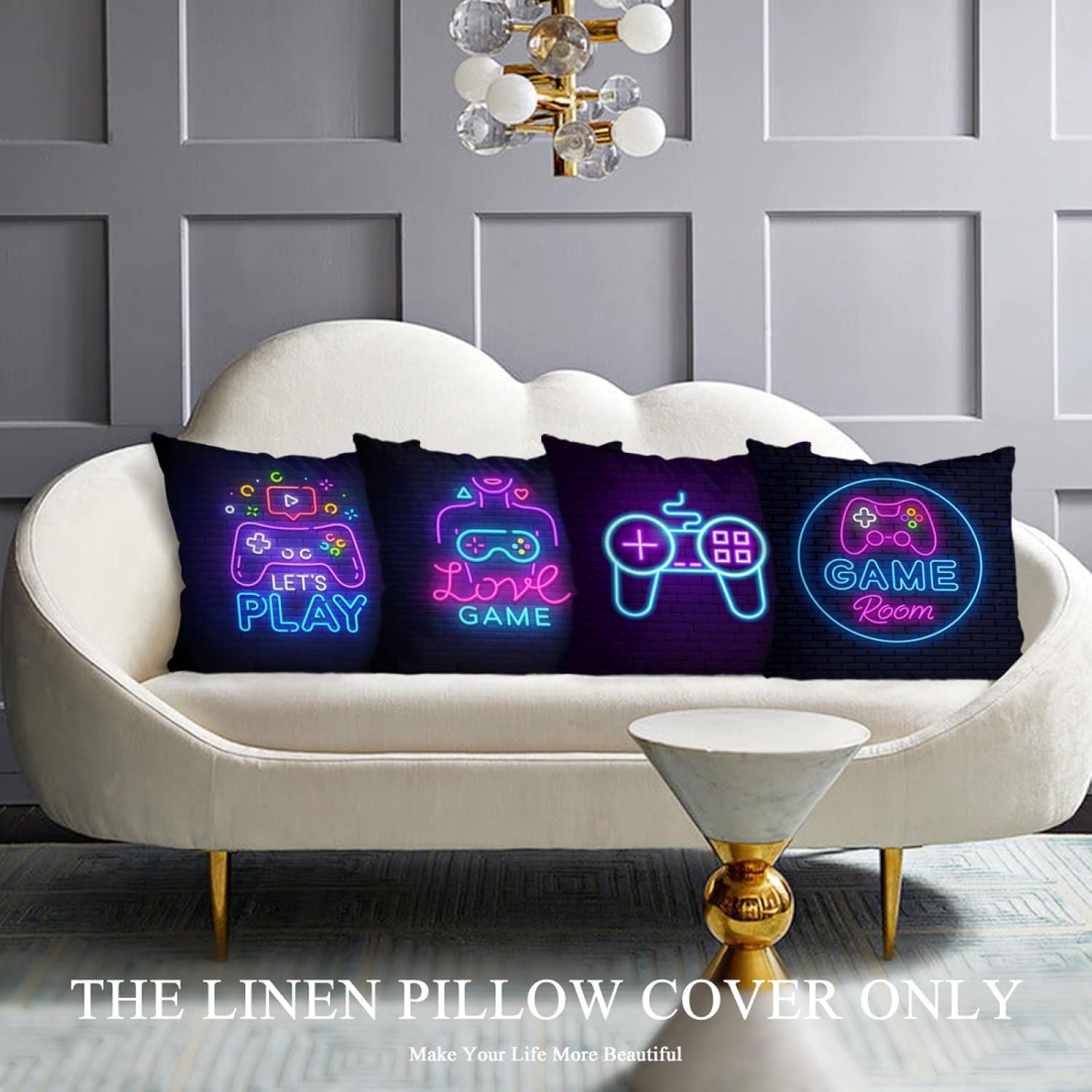 Juego de 4 fundas de almohada cuadradas de 18 x 18 pulgadas con signo de neón para videojuegos, decoración del hogar, sofá, silla, automóvil para