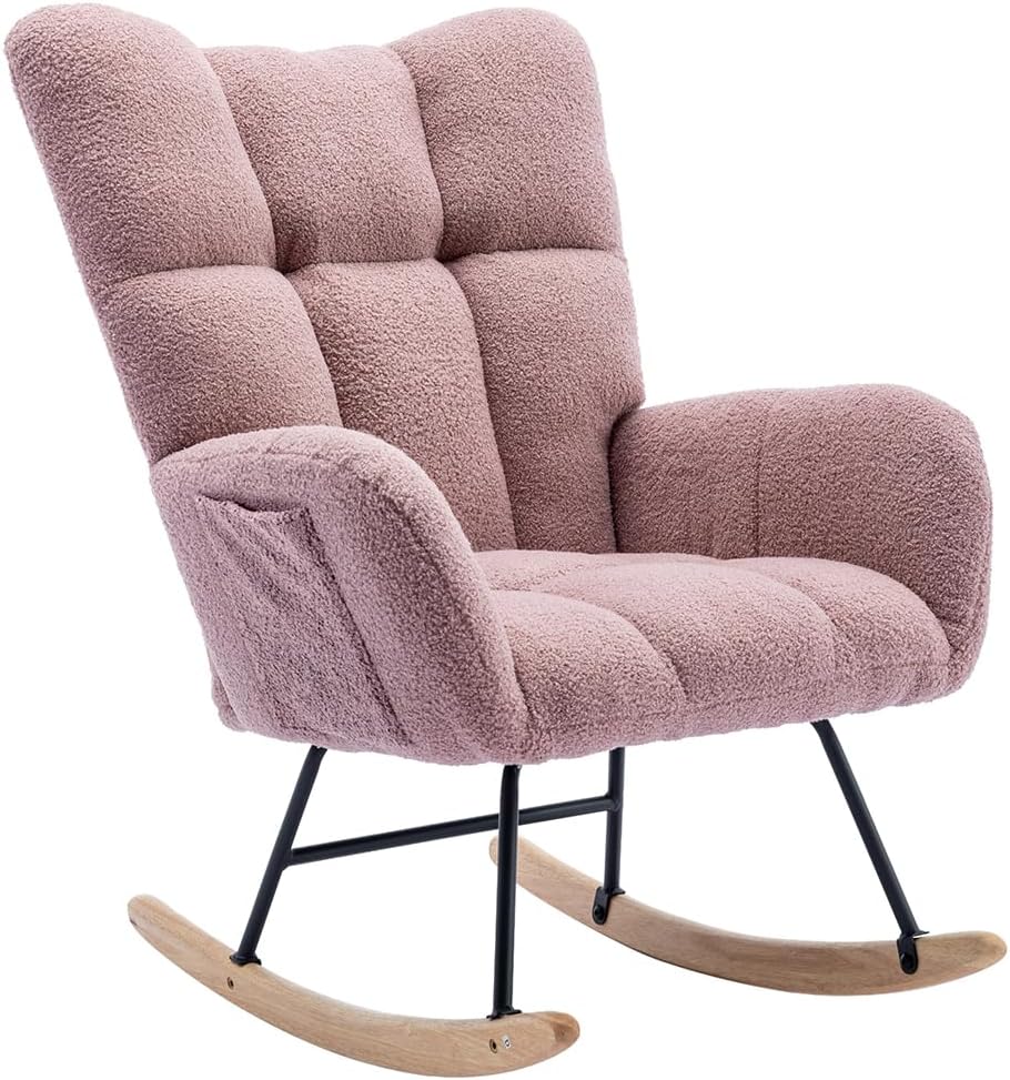 Mecedora moderna para guardería, silla mecedora tapizada de tela de peluche con base de madera maciza, cómodo sillón con respaldo de ala para