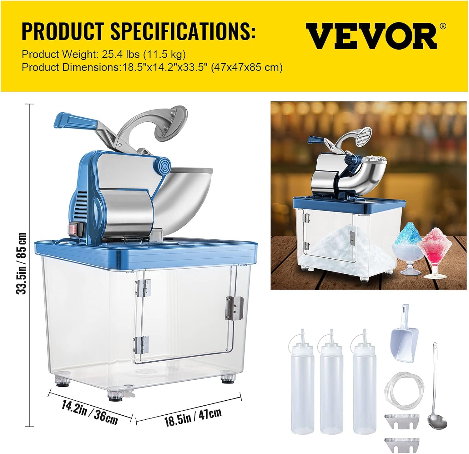 VEVOR Trituradora de hielo comercial de 110 V, 440 librash, aprobada por ETL, máquina eléctrica de cono de nieve azul de 300 W, barras y vertedores
