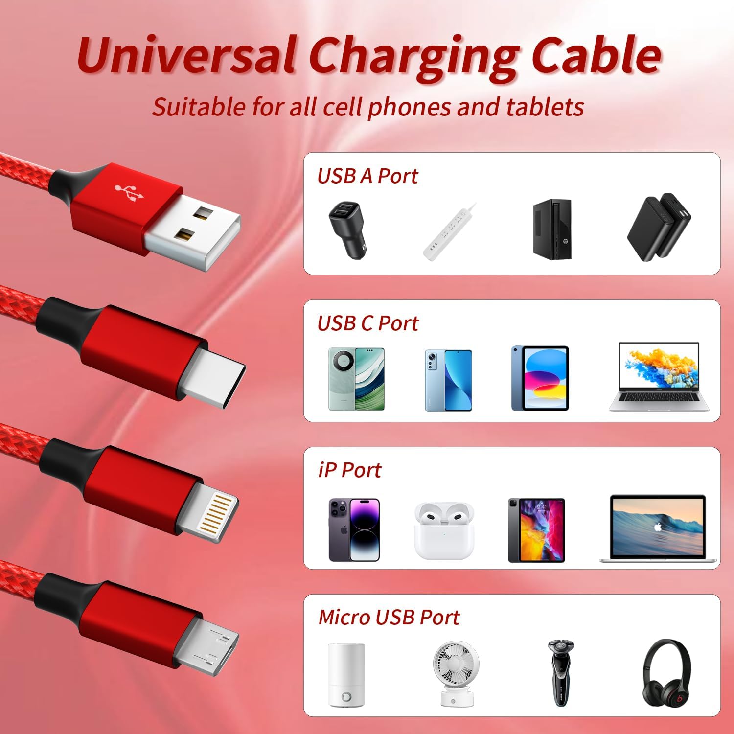 Cable de carga múltiple (paquete de 2 unidades de 4 pies), cable de carga múltiple USB de nailon trenzado 3 en 1, cable de carga rápida con puerto