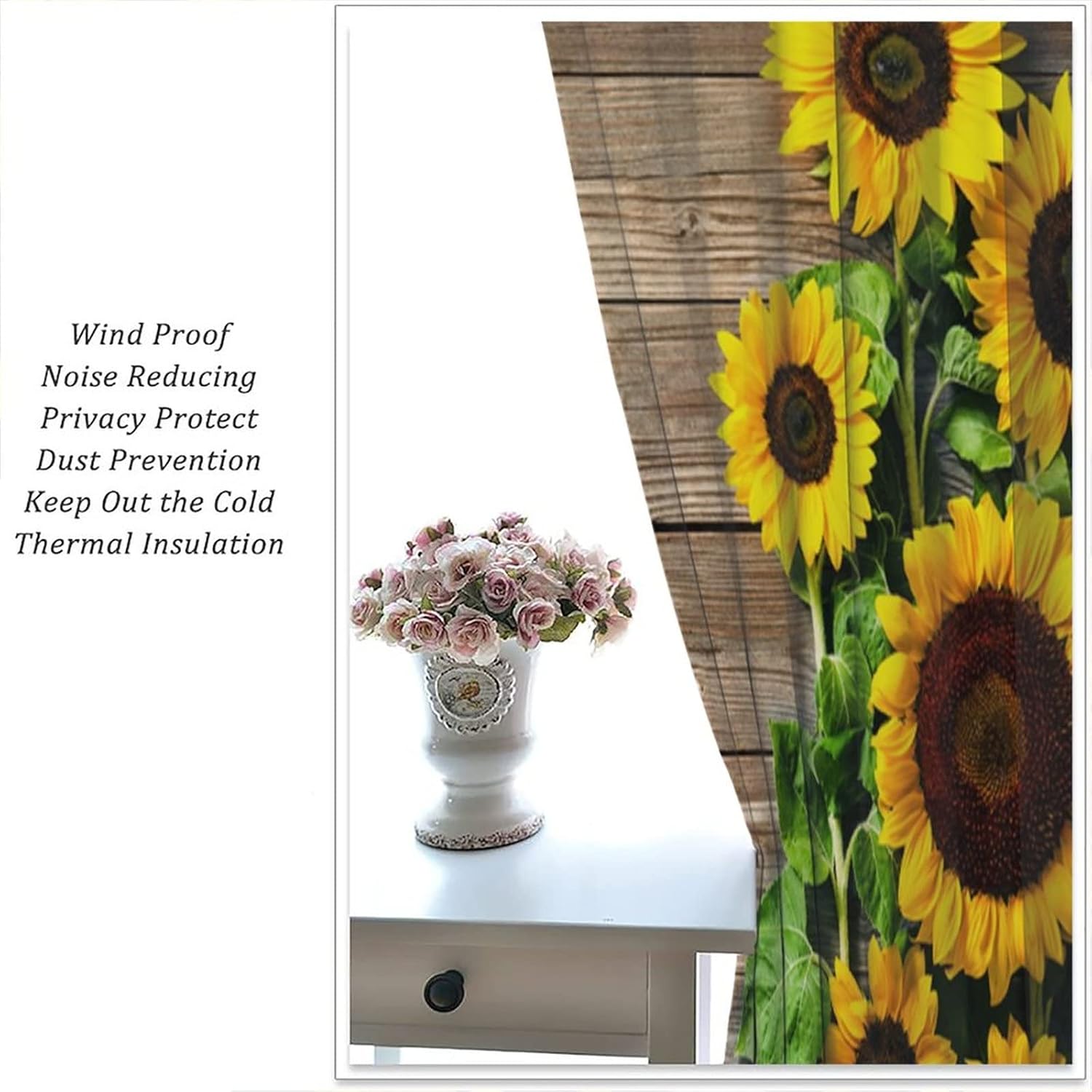 Cortinas de cocina con diseño de girasol, estampado 3D, con bolsillo para barra, para dormitorio, sala de estar, cafetería, tela de poliéster, juego