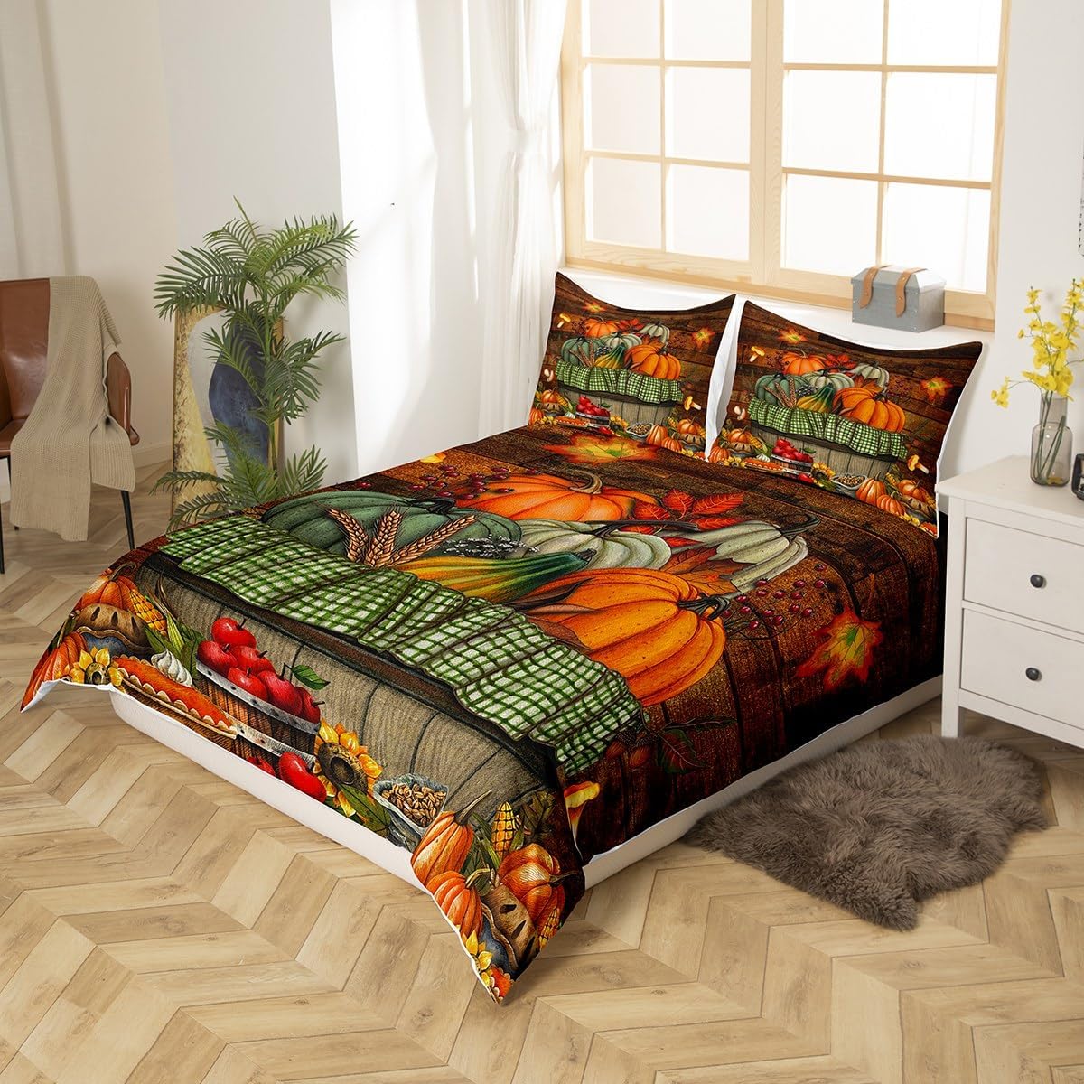 Juego de ropa de cama de cosecha de otoño, tamaño Queen para niños, niñas y mujeres, regalos para el día de Acción de Gracias, funda de edredón