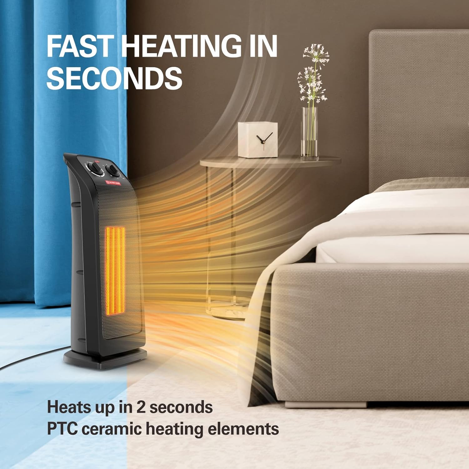 ECOWELL Calentador eléctrico de cerámica de calentamiento rápido de 1500 W con termostato, calentador de torre de 18 pulgadas para uso en