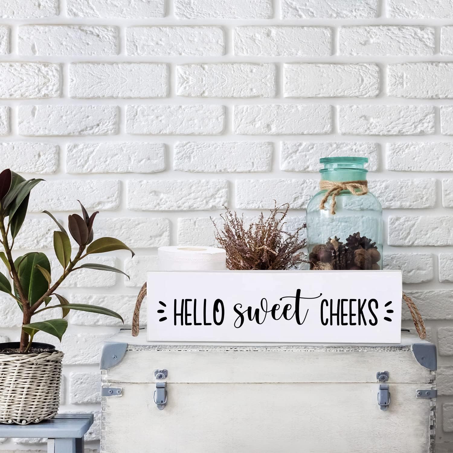 Hello Sweet Checks – Caja de madera de 2 lados para decoración de baño, cesta de papel higiénico con asa de cuerda, organizador de almacenamiento de