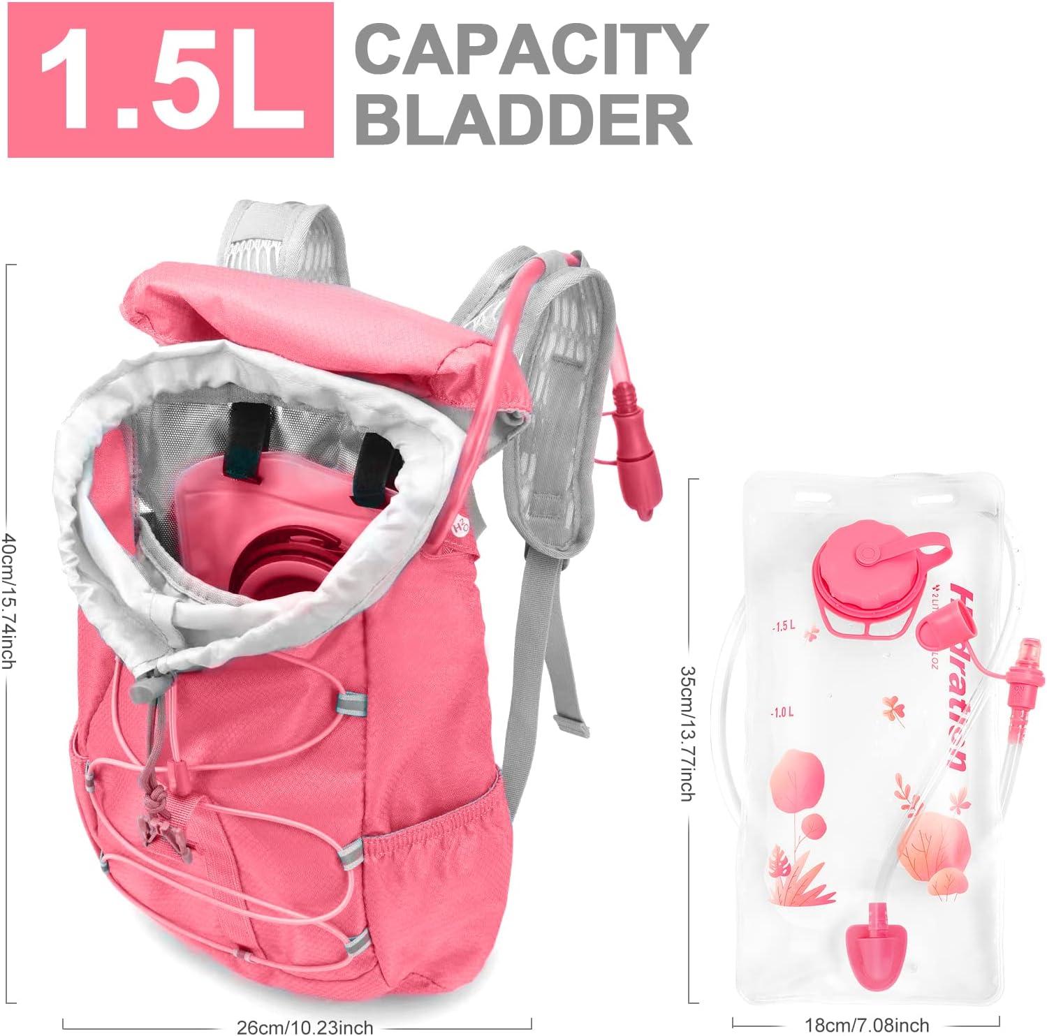 Mochila de hidratación para niños, mochila de agua con vejiga de hidratación de 1.5 L, ligera, aislada, para festivales, raves, senderismo,