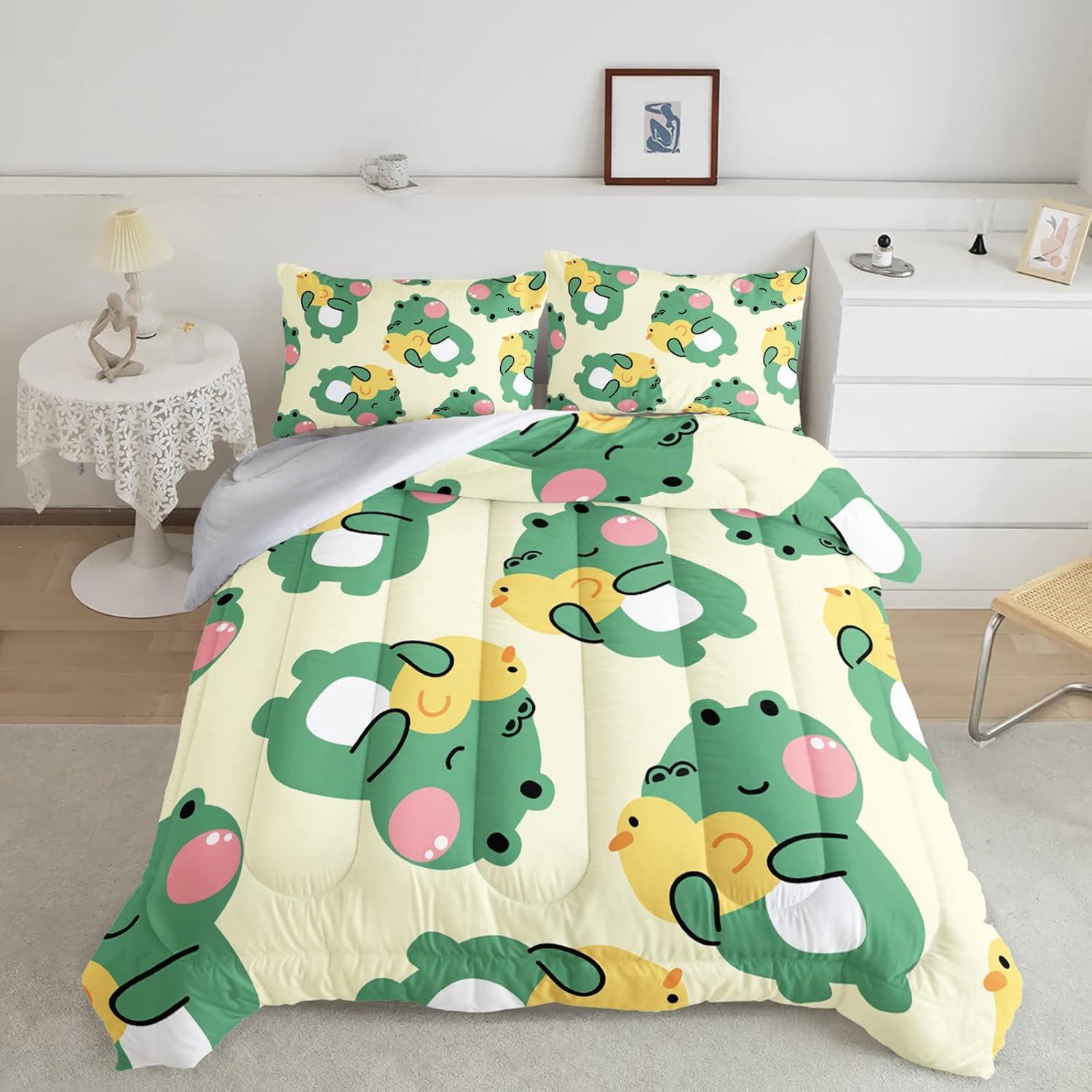 Juego de edredón de 3 piezas con estampado de rana de dibujos animados y 2 fundas de almohada, suave y ligero, para todas las estaciones