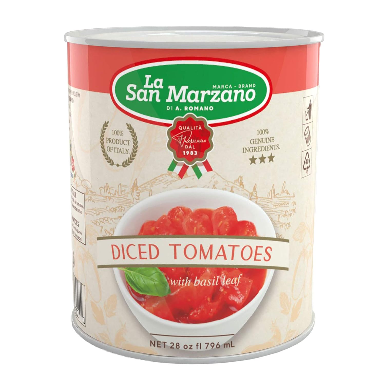 Tomates italianos enlatados en cubitos con hoja de albahaca La San Marzano 100% producto de Italia lata de 28 onzas  Ingredientes 100% genuinos con