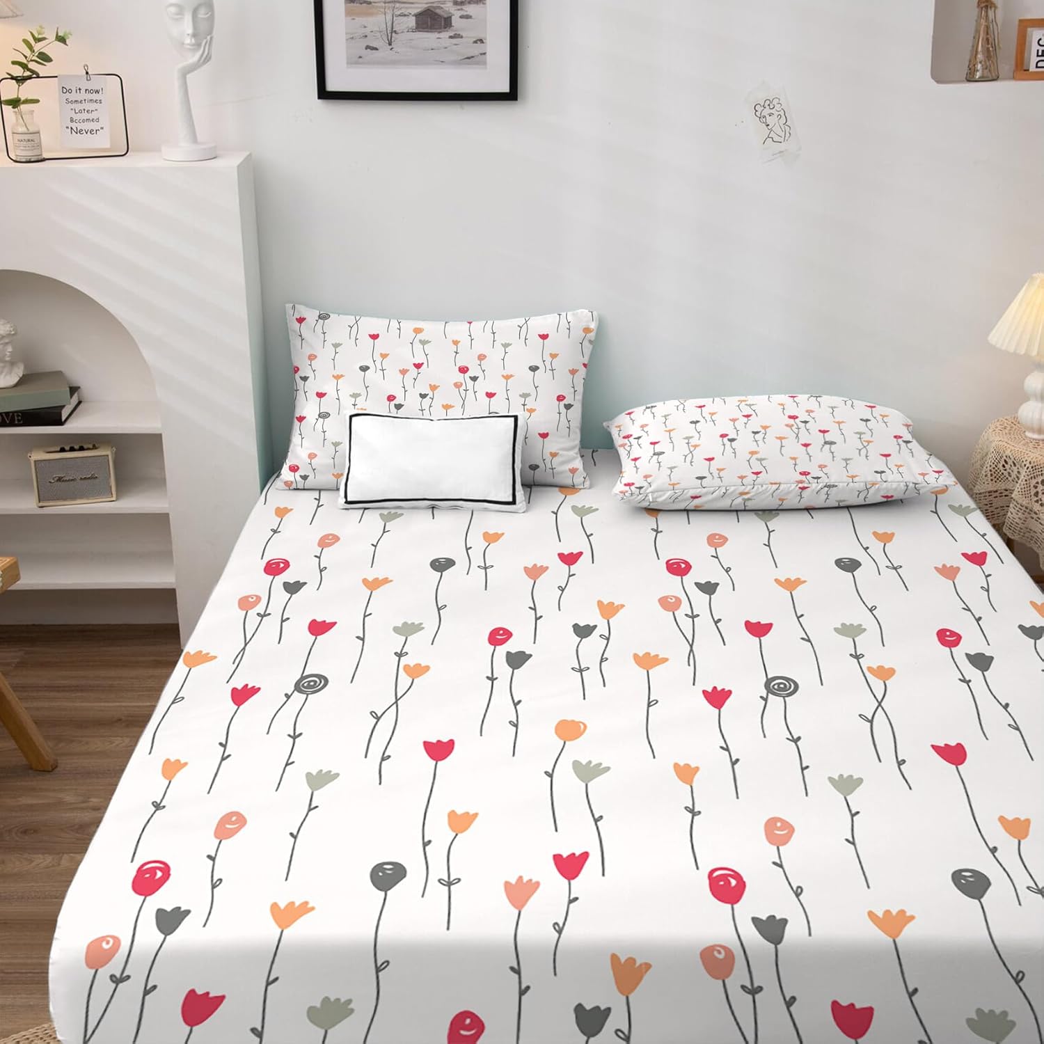 Line Sheets – Juego de sábanas de cama de flores, sábanas y fundas de almohada estampadas de 4 piezas, sábana bajera ajustable de microfibra suave
