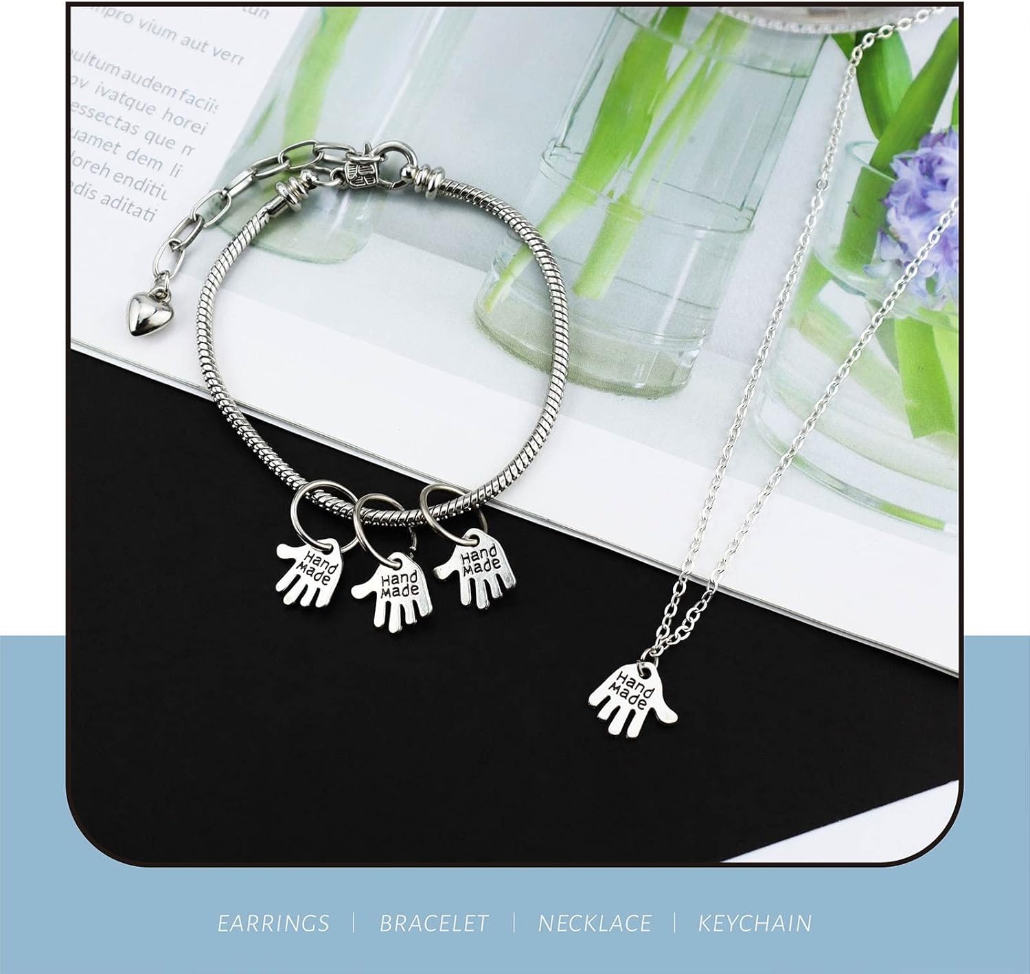 JIALEEY 100 dijes en forma de mano hechos a mano, letreros tallados en tono plateado para hacer joyas de moda, hallazgos, manualidades, costura,
