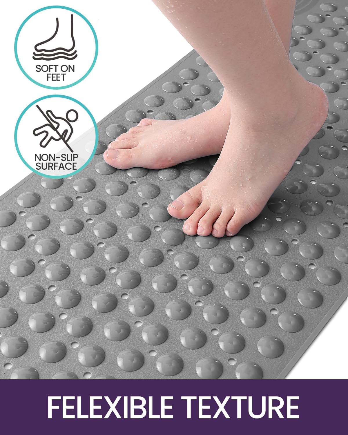 DEXI Tapete de bañera antideslizante para baño, bañera, taza de succión lavable de 16 x 35 pulgadas, color gris