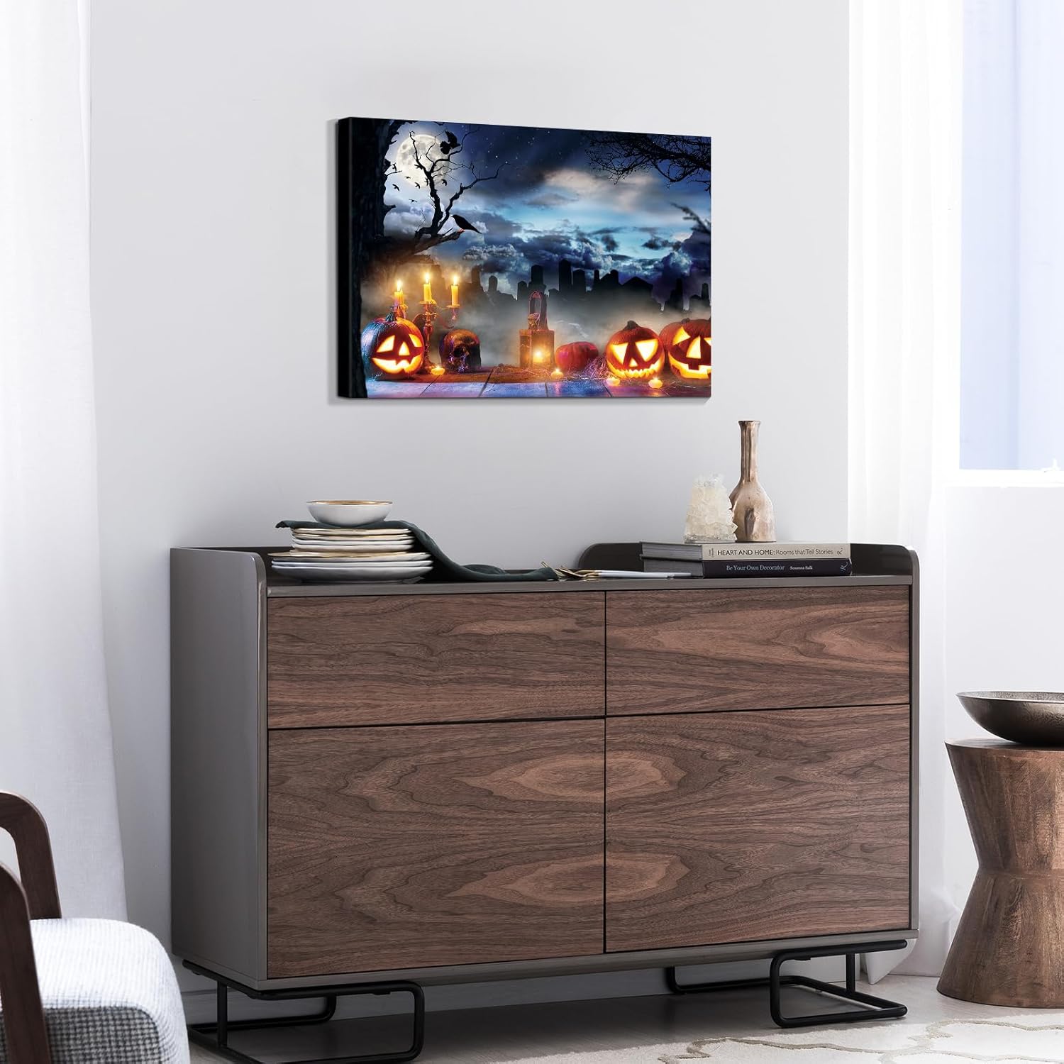 Denozer – Lienzo decorativo para pared con imágenes temáticas de Halloween, decoración de pared de calabaza iluminada, decoración de pared del hogar