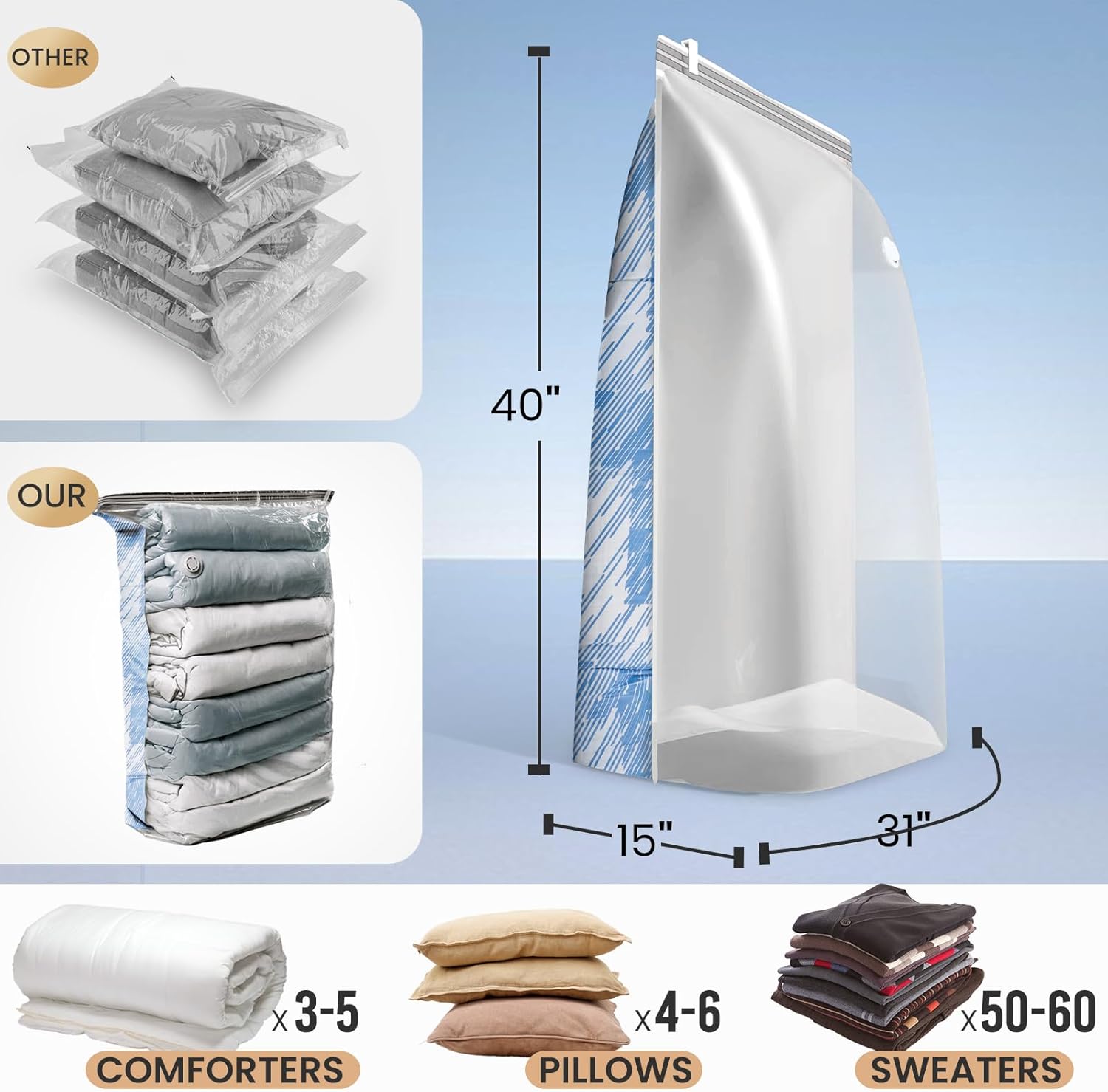 TAILI Paquete de 6 bolsas de almacenamiento al vacío, bolsas de ahorro de espacio jumbo de 31 x 40 x 15 pulgadas, bolsa de sellado al vacío Blue