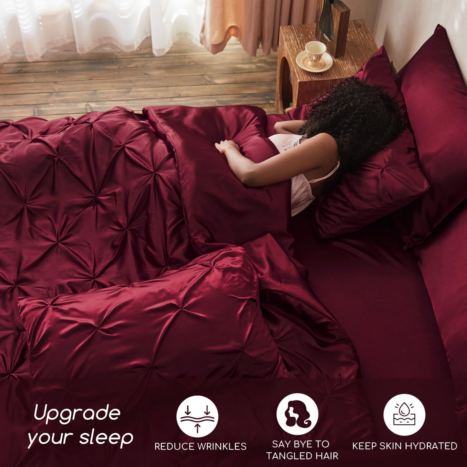 MR&HM Edredón de satén tamaño California King de 8 piezas, lujoso juego de ropa de cama plisada con edredón, sábanas, falda de cama, fundas de