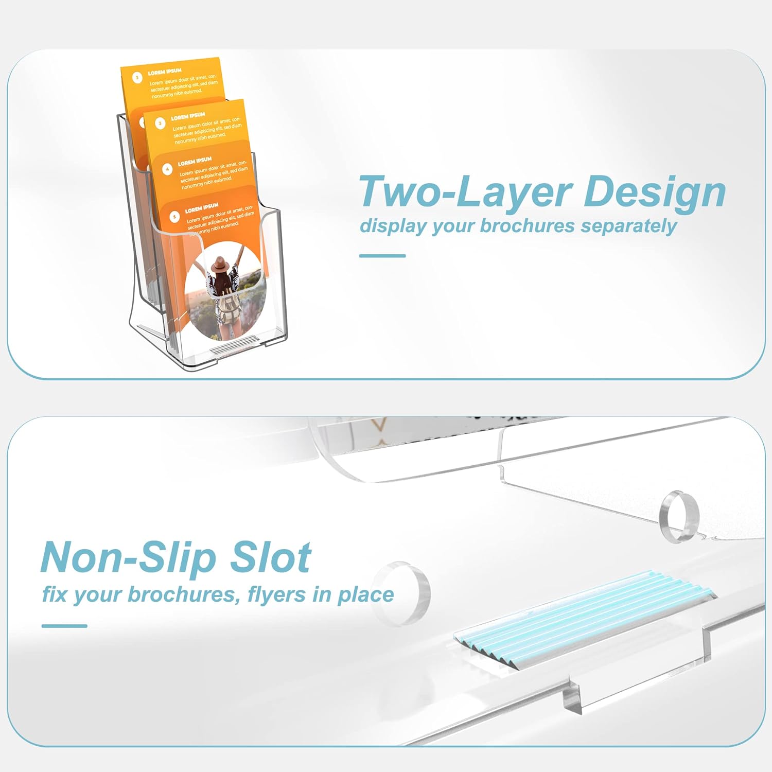 MaxGear Soporte para folletos de 2 niveles de 4 x 9 pulgadas, 2 paquetes de soporte de exhibición para folletos, soporte de acrílico para folletos,