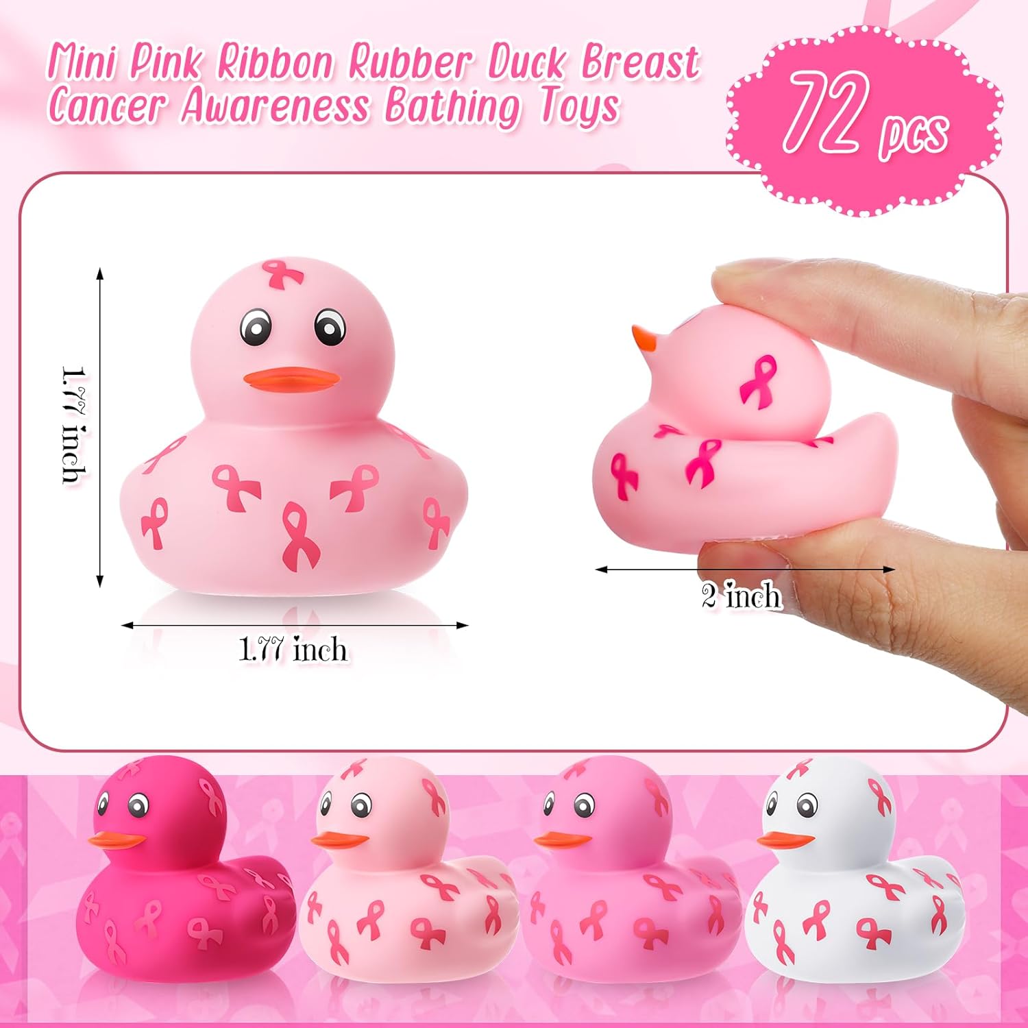24 piezas de pato de goma rosa de 2 pulgadas, mini patos de baño con cinta rosa, 4 colores para concientización sobre el cáncer de mama, juguete de