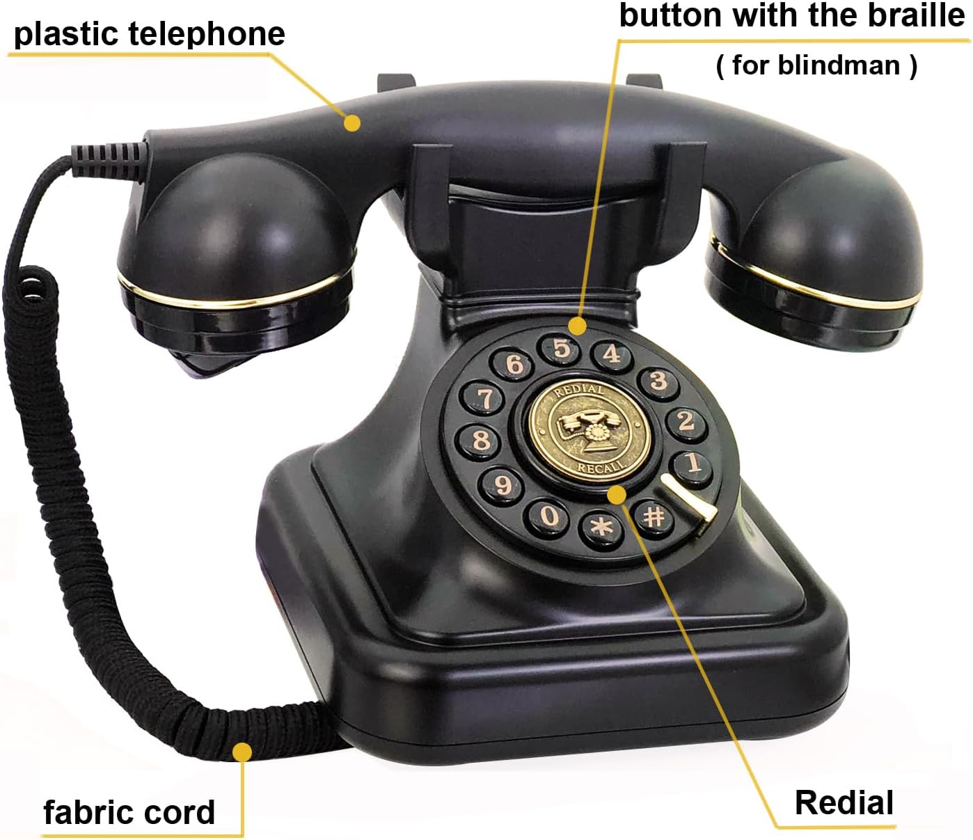 Teléfono fijo retro para el hogar, teléfono negro antiguo con cable TelPal con cable, teléfono antiguo con botón de 1930, teléfono vintage con botón