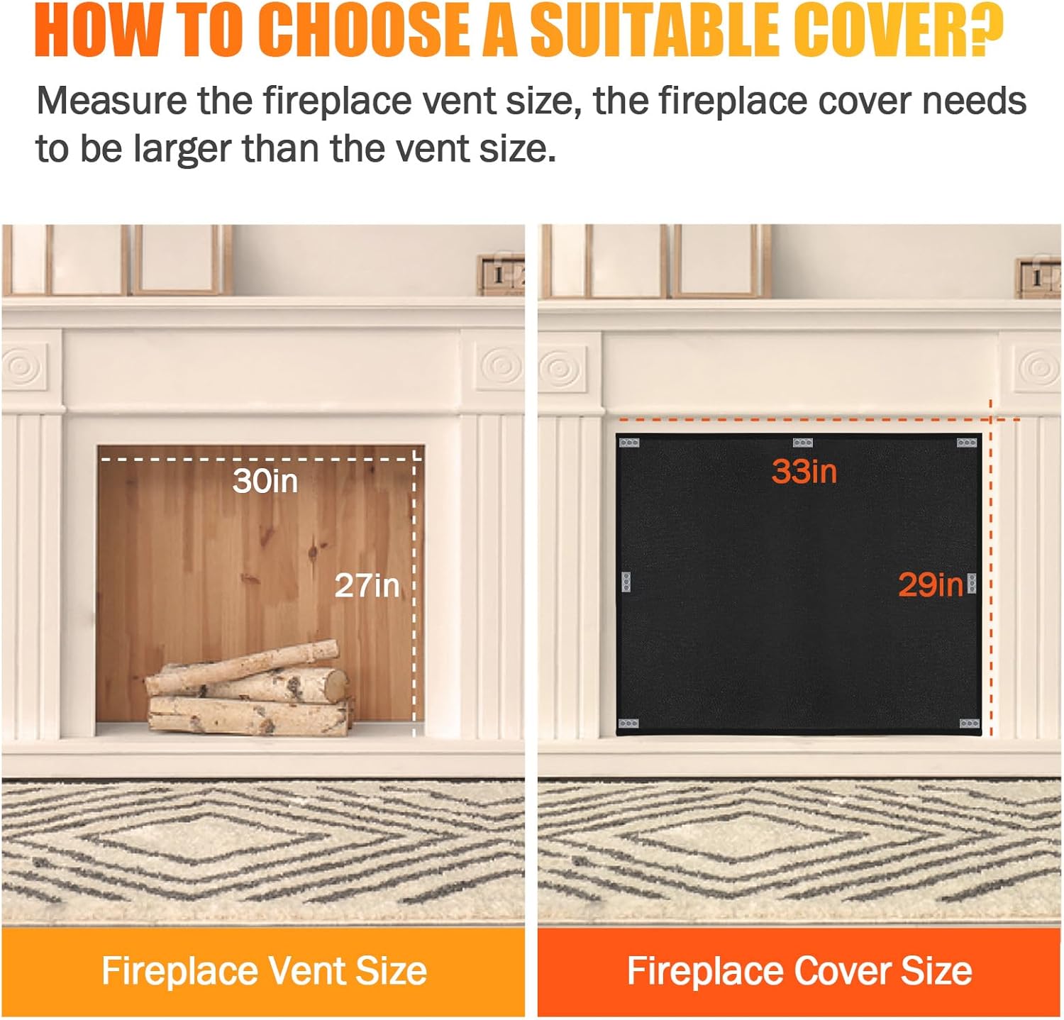 Cubierta magnética resistente al calor para chimenea, 33 x 29 pulgadas, cubierta de chimenea ignífuga para la sala de estar, tapón de chimenea que