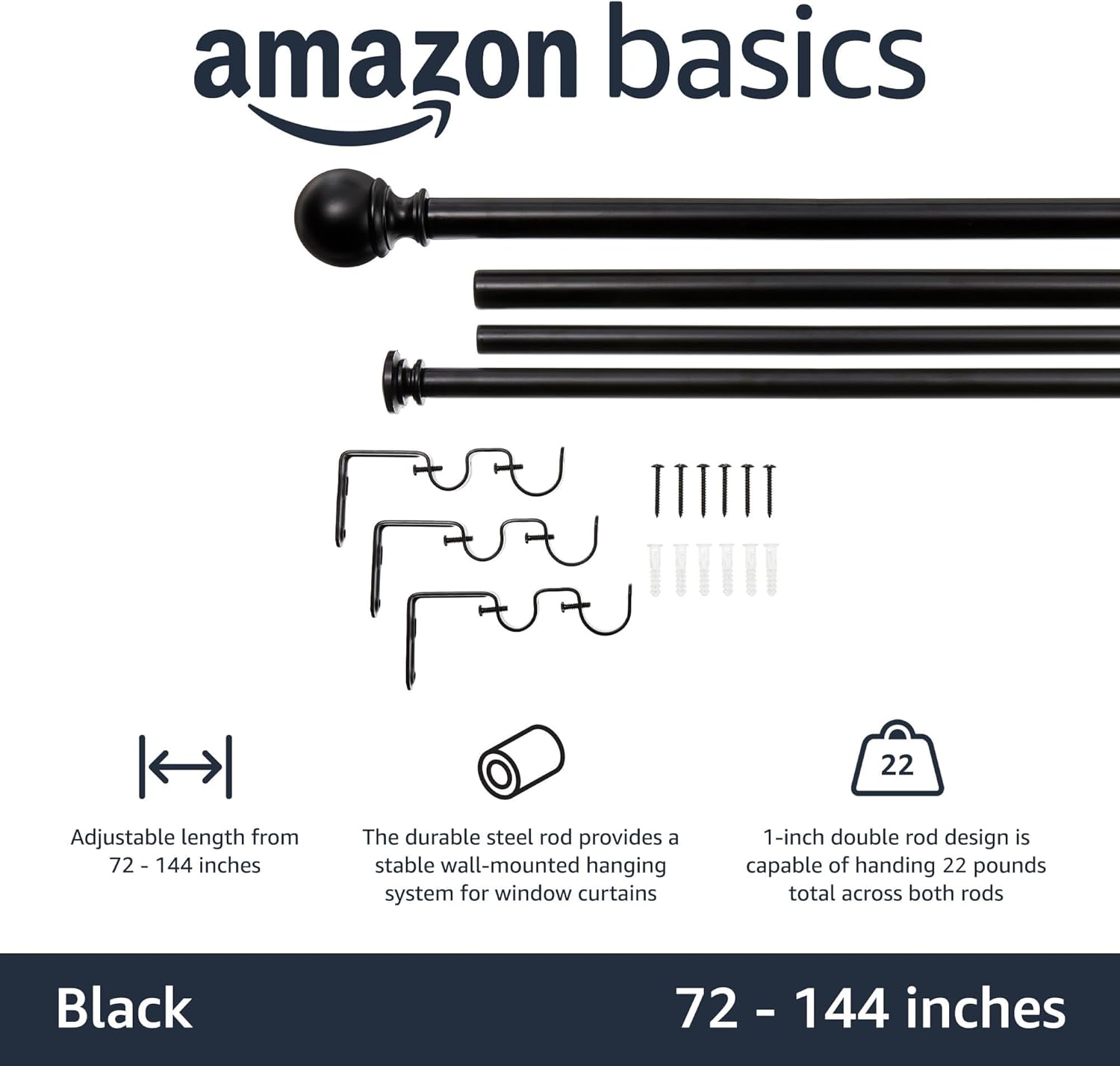Tienda Basics – Cortinero de 1 pulgada  2.54 cm. con remates redondos en los extremos.