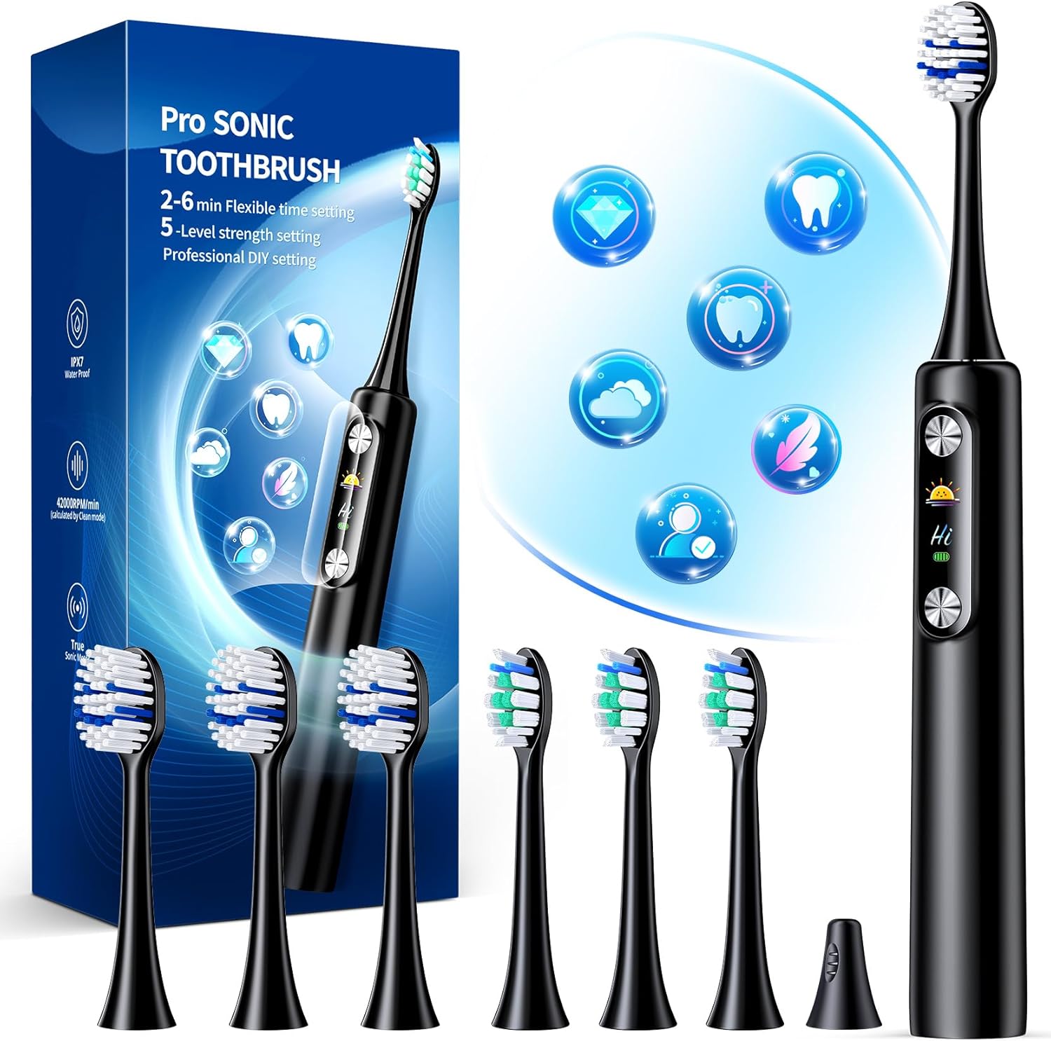 Cepillo de dientes eléctrico para adultos con 6 modos y 5 niveles de intensidad, cepillo de dientes sónico de 84000 rpm con cabezales de cepillado