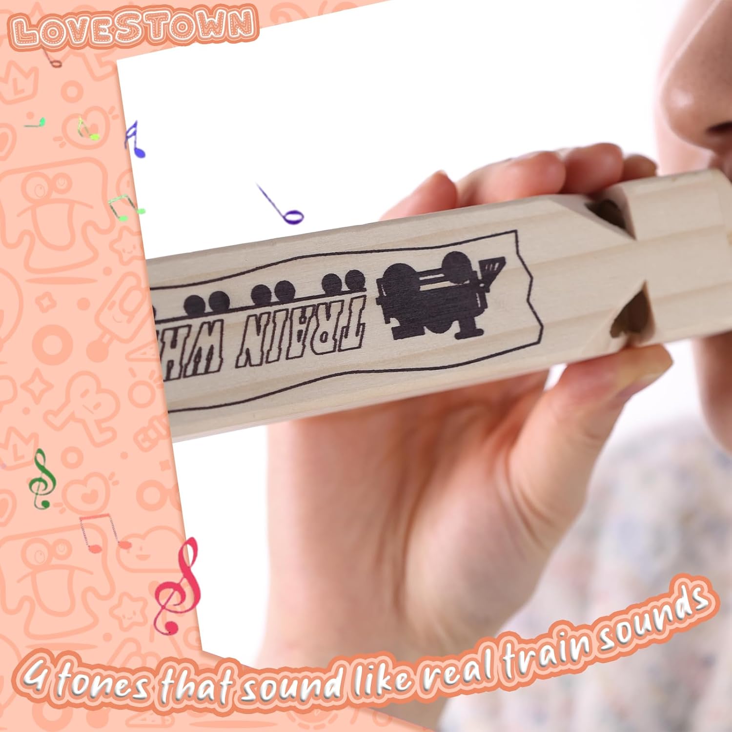 LovesTown Silbato de tren de madera para niños, silbato de tren de 4 tonos de 7.3 pulgadas, silbato de madera natural para niños, fiesta de