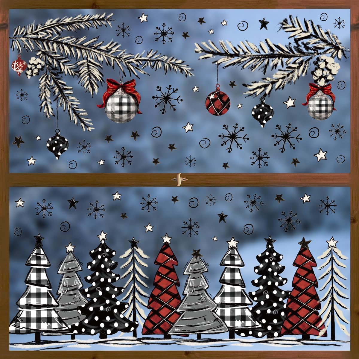 Horaldaily 123 calcomanías de Navidad para ventana, color negro y rojo árbol de Navidad nieve para suministros de fiesta en el hogar, ventana,